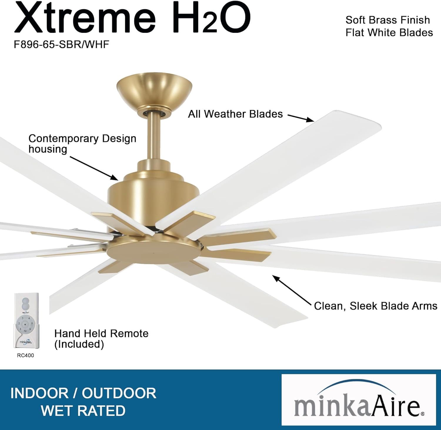 Minka-Aire Xtreme H2O 65-Inch Outdoor Ceiling Fan with DC Motor and Remote Control (Soft Brass, White Blades) 01pef