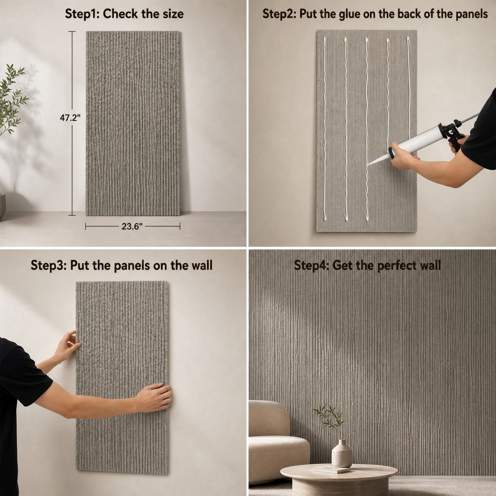 BEAUTYPEAK 3D Faux Stone Wall Panels, Modern Fluted Texture Decorative Siding (Cement Grey, 48 in x 24 in, 4 Pack) d7h01