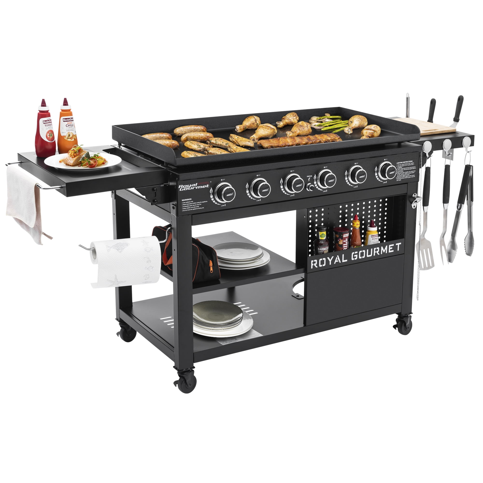 Royal Gourmet 44-inch 6-Burner Flat Top Gas Grill Griddle with Foldable Side Shelves and Spice Rack (Black, 76.1 in x 24.6 in x 36.6 in) 8hhxq