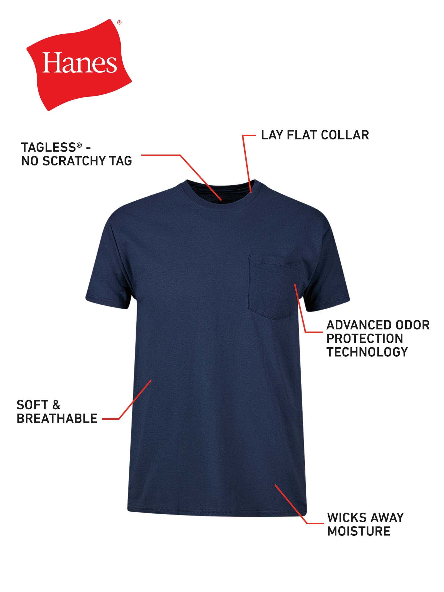 Hanes Men's Pocket T-Shirt Undershirts Moisture-Wicking Crew Neck (Grey, XL, 6 Pack) vad4h