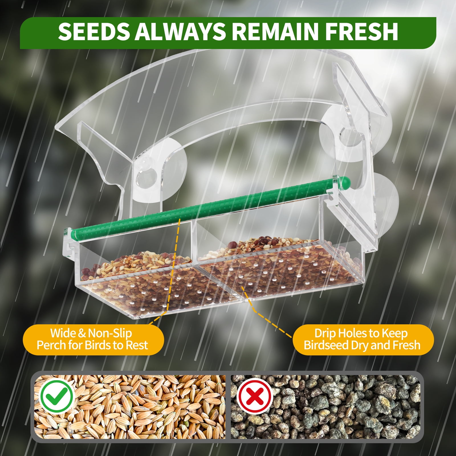 PHANCIR Window Bird Feeder for Outdoors, Clear Acrylic Bird House with Strong Suction Cups and Removable Seed Tray (10.5 in x 3.93 in x 7 in) 8w4ps