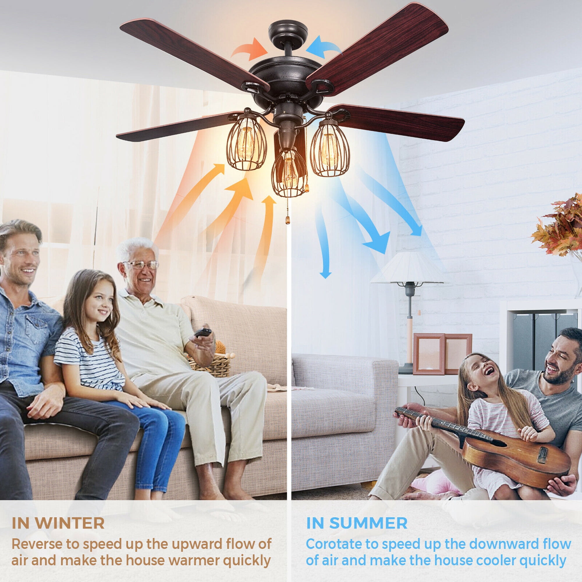 Gymax 52 in Ceiling Fan with Lights, 5 Reversible Blades, 3-Speed Retro Indoor Fan (52 in) 77604