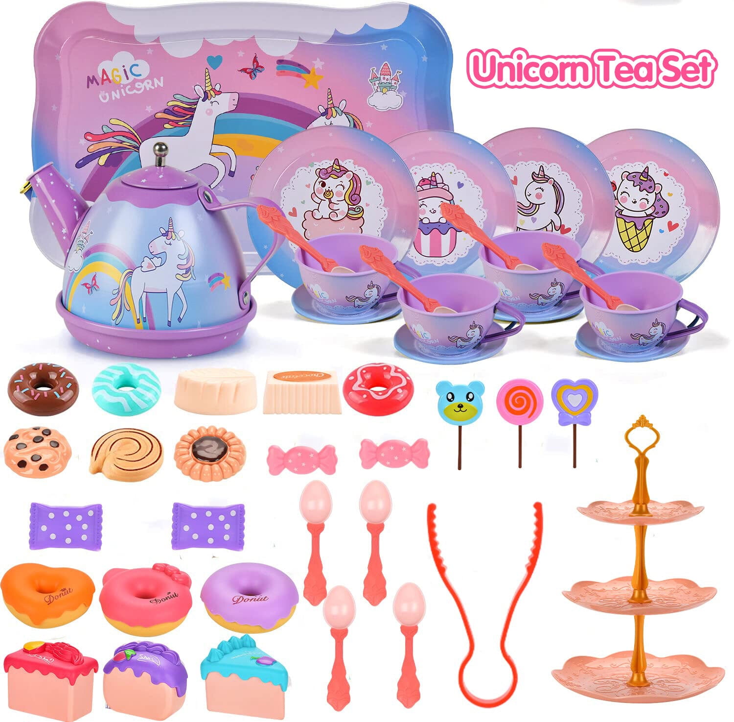 Freecat Unicorn Tea Party Set, Pretend Play Kitchen Activity Toy for Kids (Yellow, 48-Piece Set) mwhwh