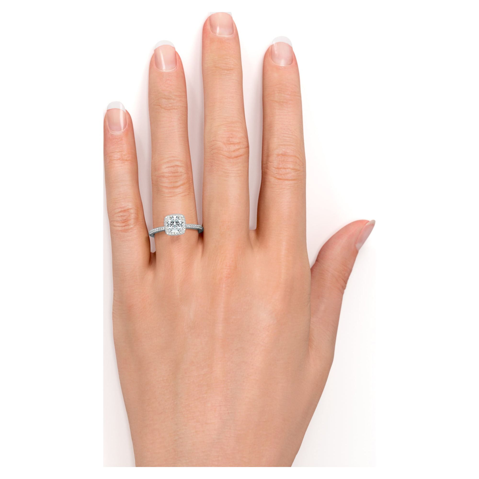 JeenMata Cushion Halo Engagement Ring 1 Carat Round Cut Moissanite Pave Prong Set (White Gold Plated, Size 7) p7hdp