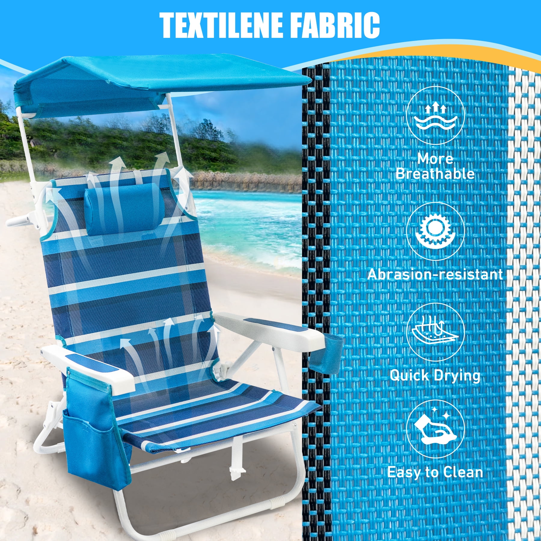 WILDYEE Double Camping Chair Heavy Duty Folding Loveseat with Sun Canopy and Cup Holders (Blue Stripe, 2 Pack) alb5d