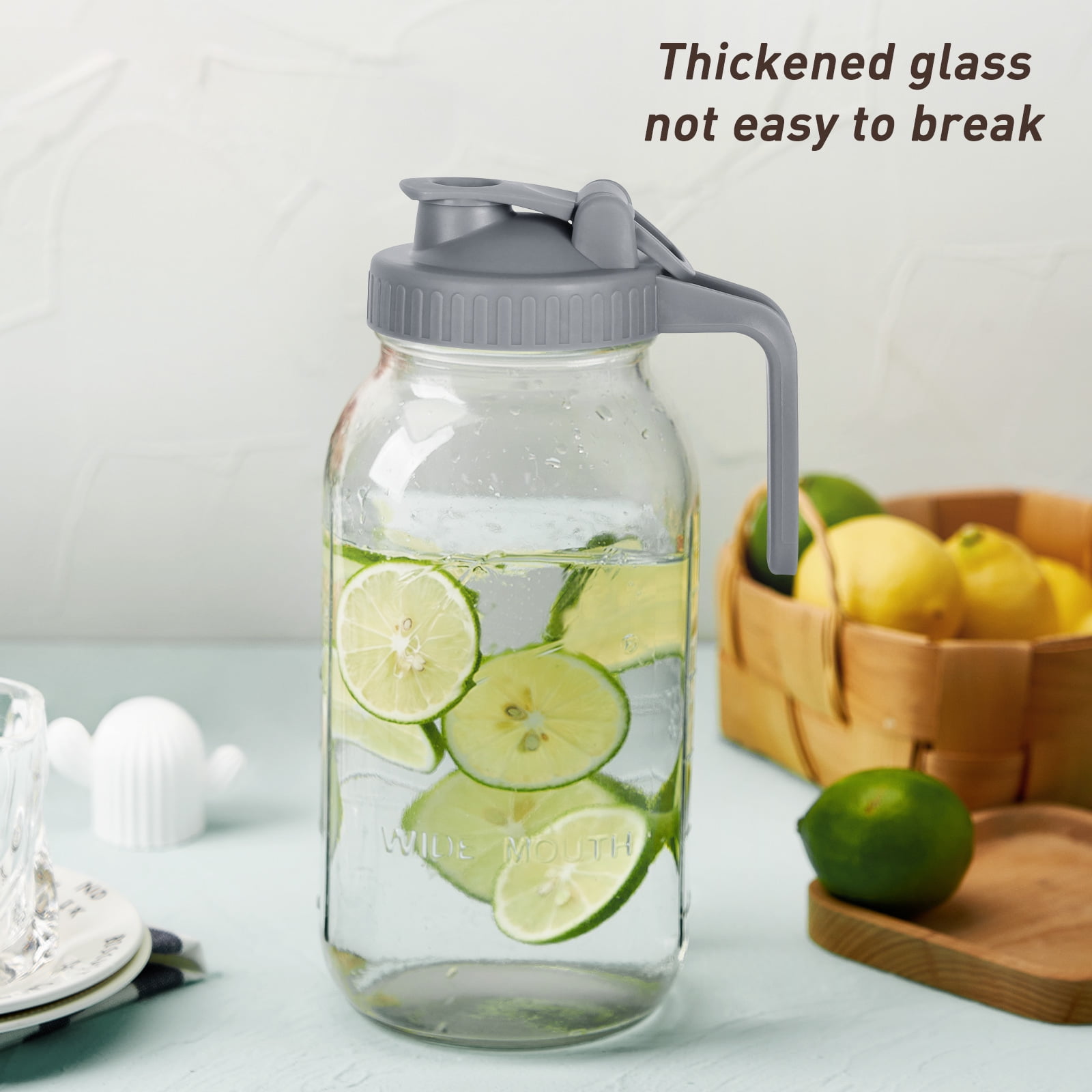 VA1KENE Glass Pitcher with Lid, Mason Jar Beverage Dispenser with Spout and Handle for Iced Tea and Lemonade (Gray, 64 fl oz) ckj10