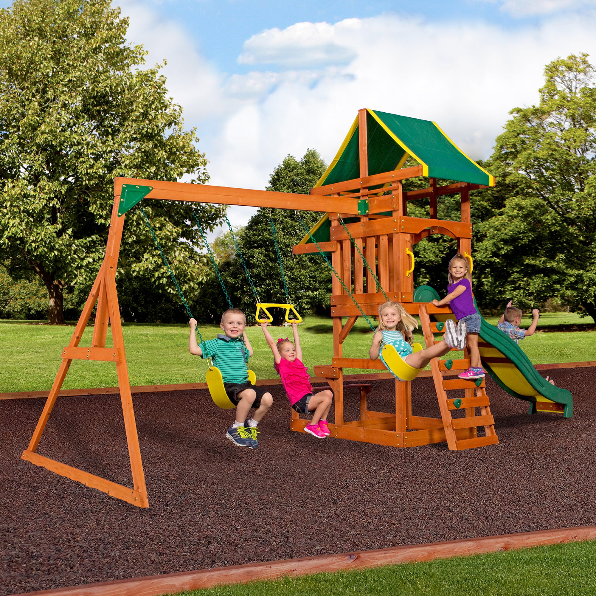 Backyard Discovery Tucson Cedar Wooden Swing Set with Slide and Rock Wall (Brown, 15 ft x 11 ft) 9we6w