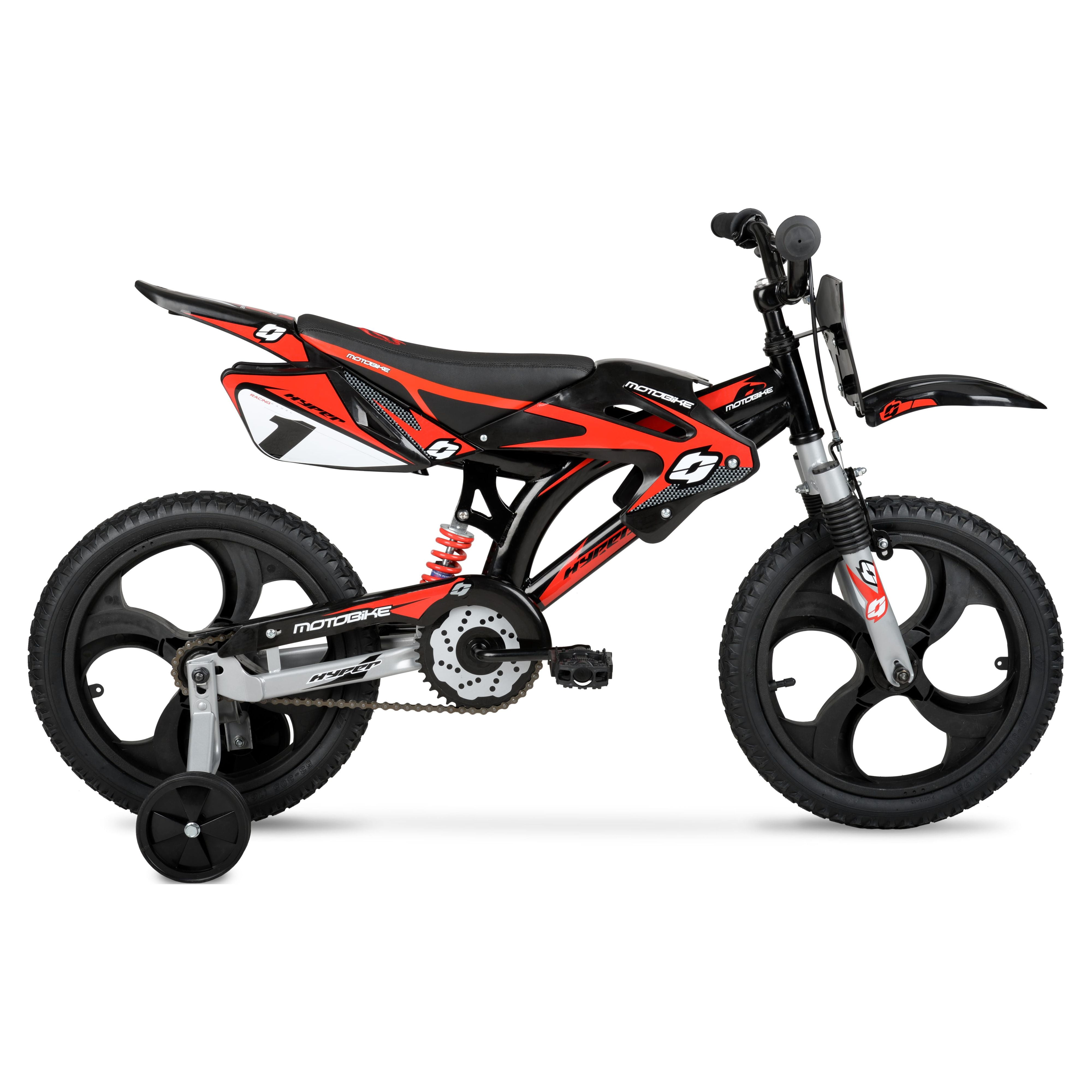 Hyper Bicycles 16 in Moto Bike for Kids, Durable Steel Frame with Training Wheels (Black/Red, 16 in) q75c1