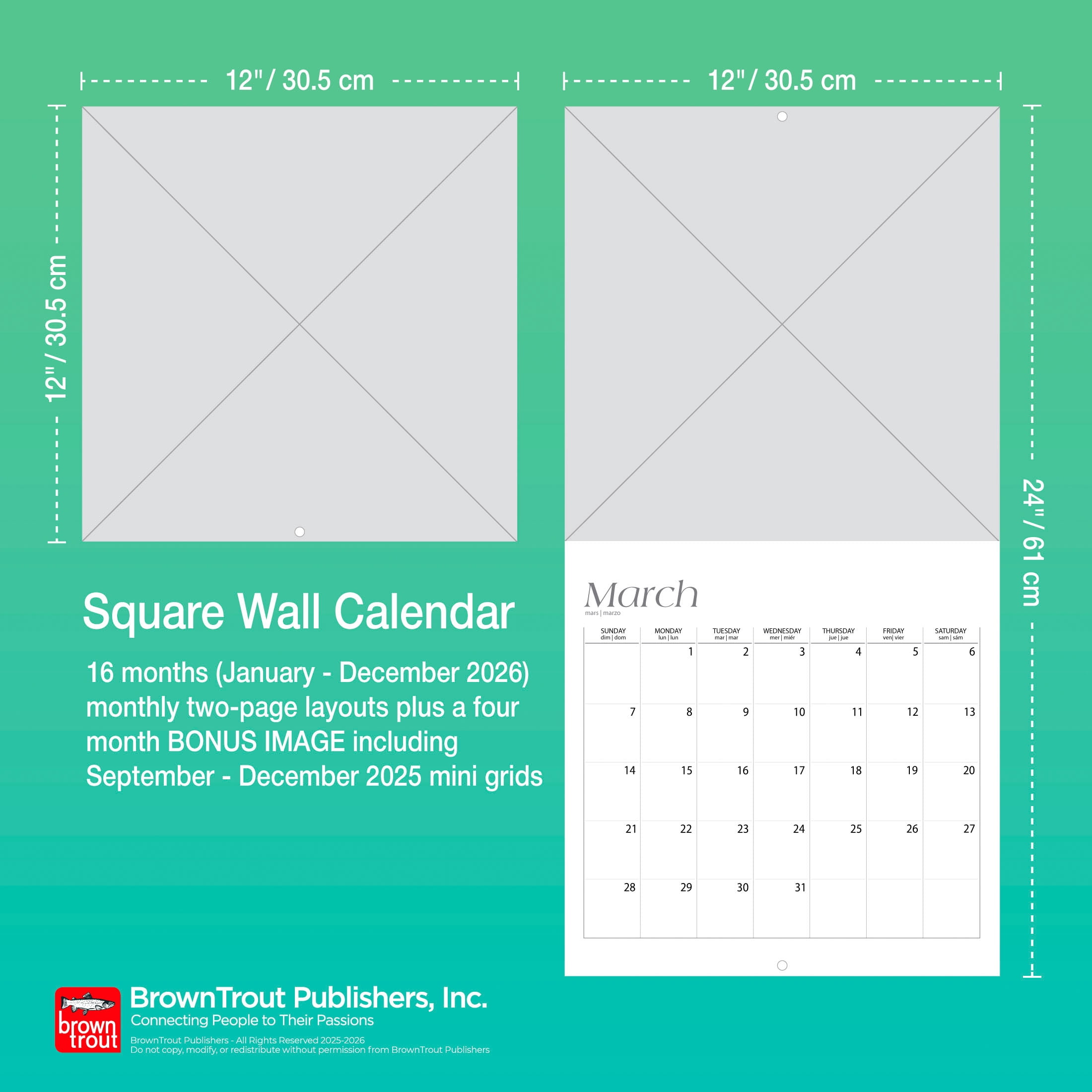 BrownTrout Vintage Guitars 2026 Wall Calendar, Hanging Square Monthly Planner (12 in x 24 in) vm55w