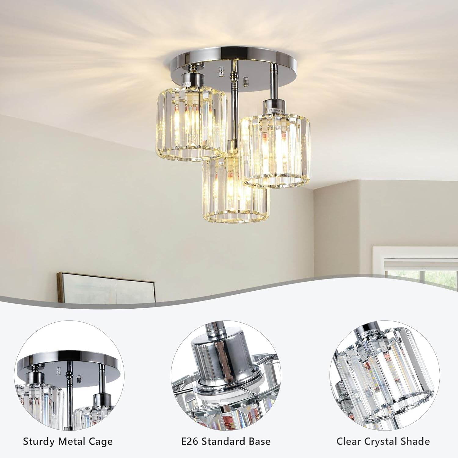 PuppyCheer 3-Light Semi Flush Mount Ceiling Fixture, Modern Crystal Chandelier for Kitchen Hallway Bedroom (Clear, 10.6 in H x 10.2 in W) za8lr