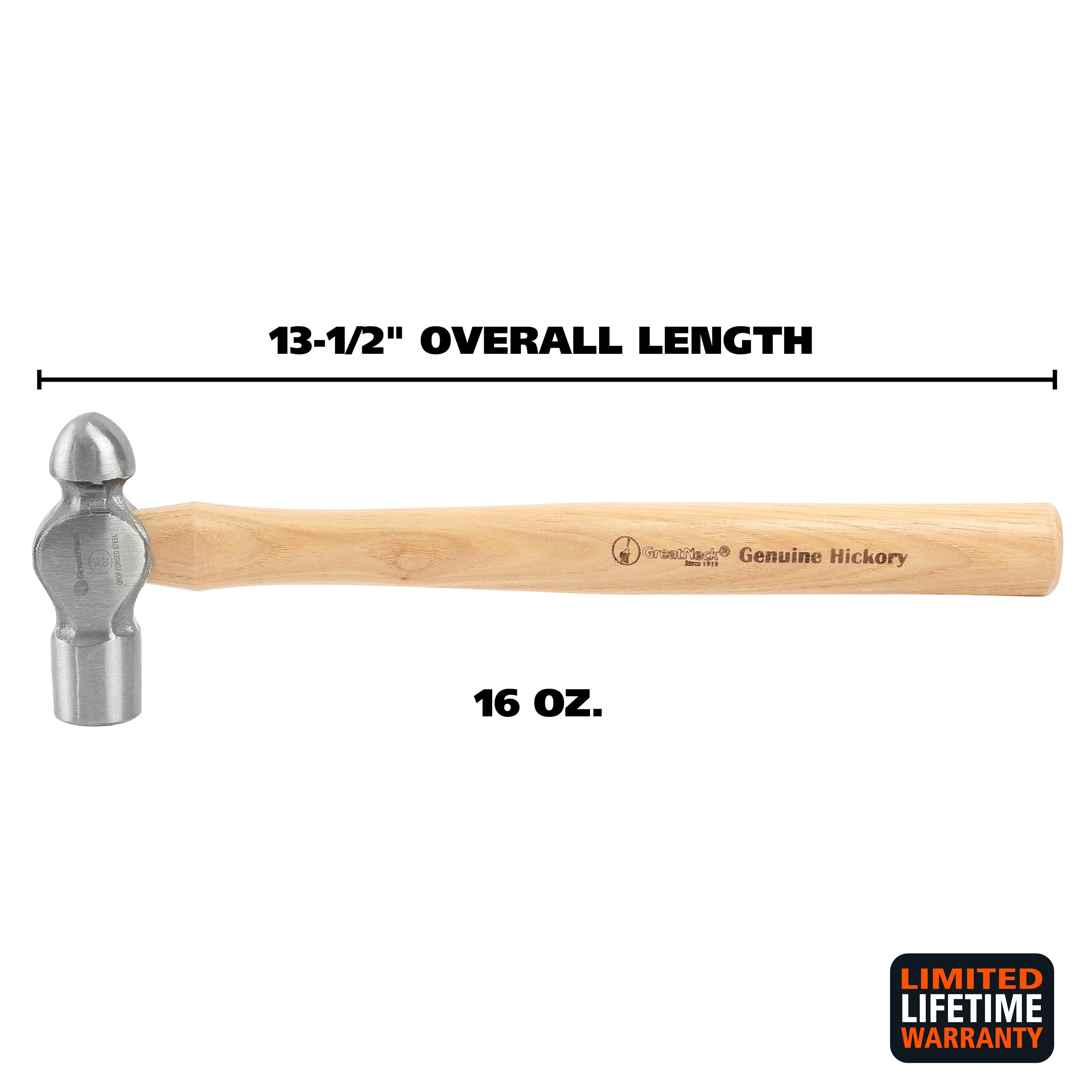 GreatNeck Ball Peen Hammer, Drop Forged Steel Head with Hickory Handle (Brown, 16 oz) edgup