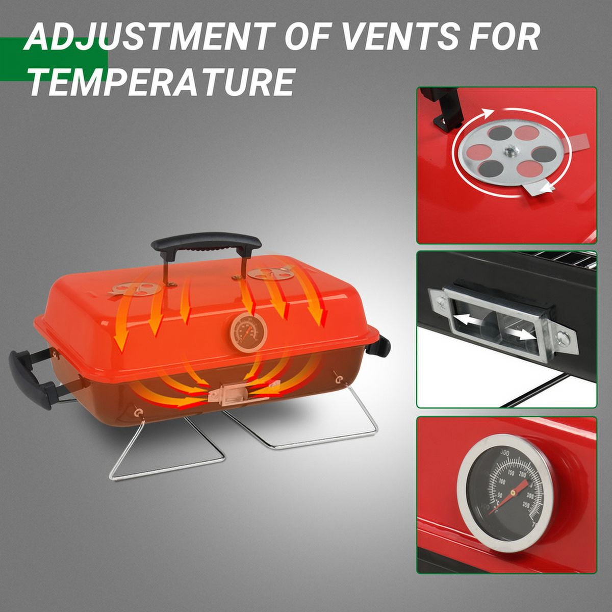 Alvantor Portable Charcoal Grill, Tabletop BBQ Smoker with Thermometer and Air Dampers (Red, 14 in) 40so6