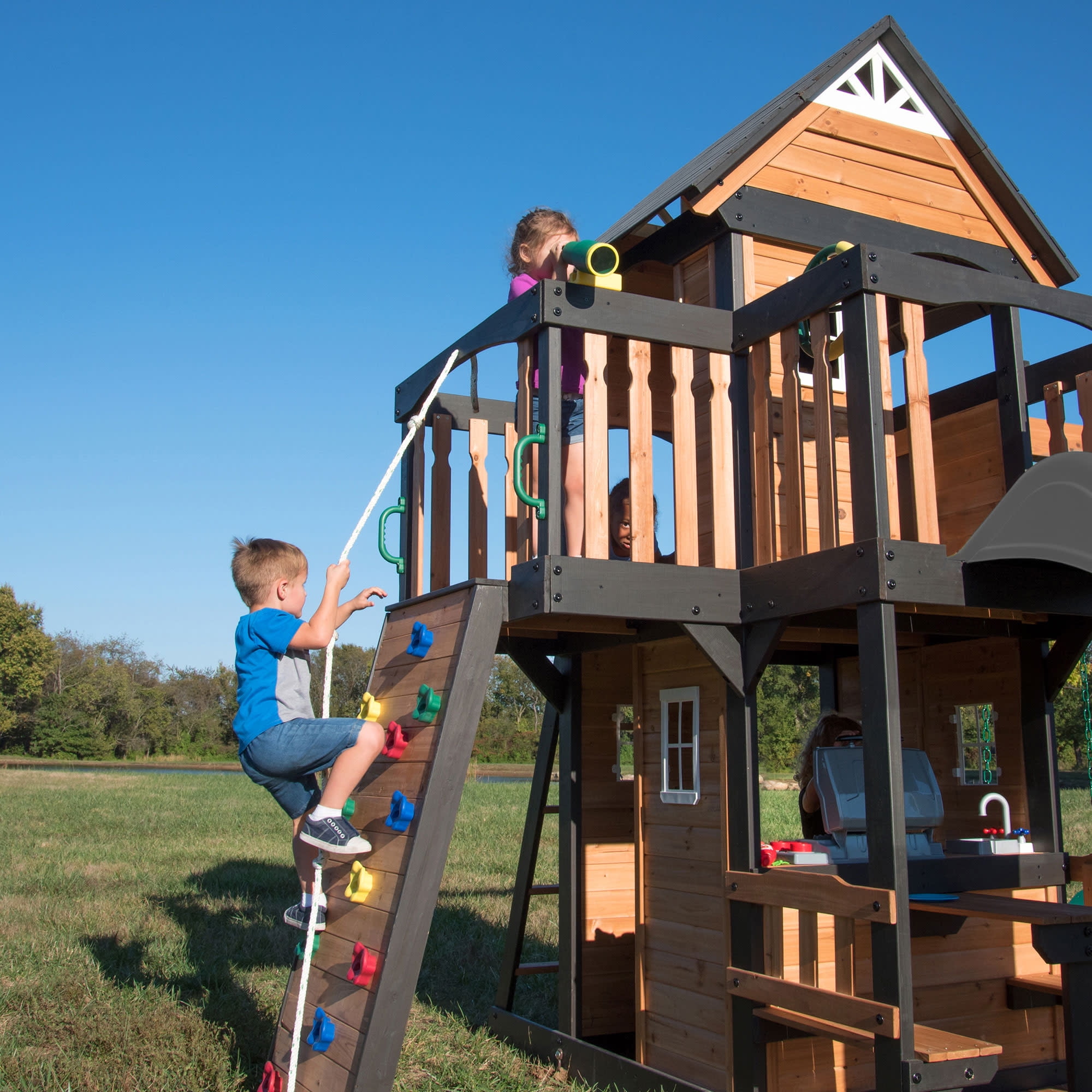 Backyard Discovery Canyon Creek Cedar Wood Swing Set with Clubhouse, Slide, and Rock Wall (Light Brown, 11-Child Capacity) jqat2