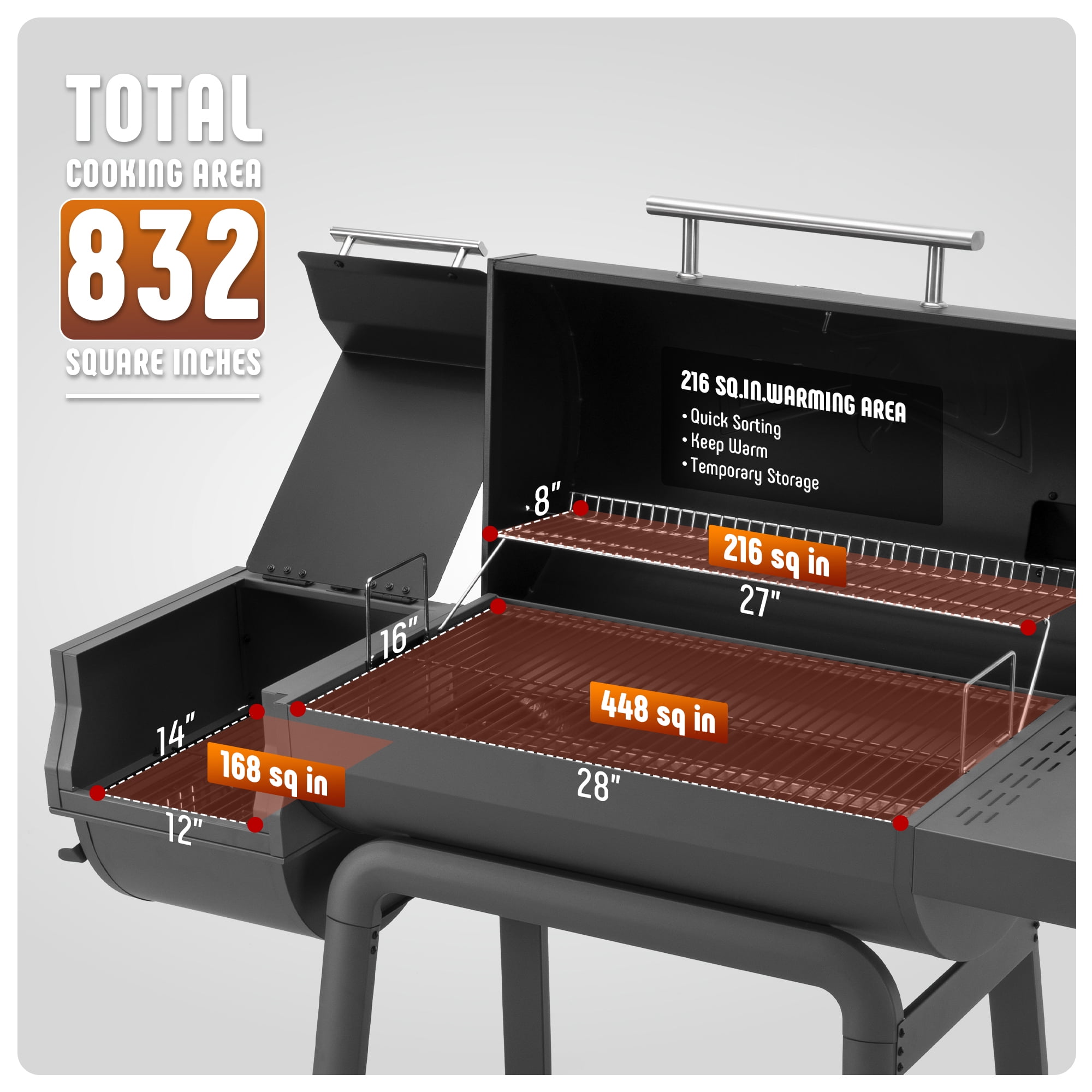 Feasto 30-Inch Charcoal Grill with Offset Smoker and Side Table (Black, 832 Sq. In. Cooking Space) q45gv