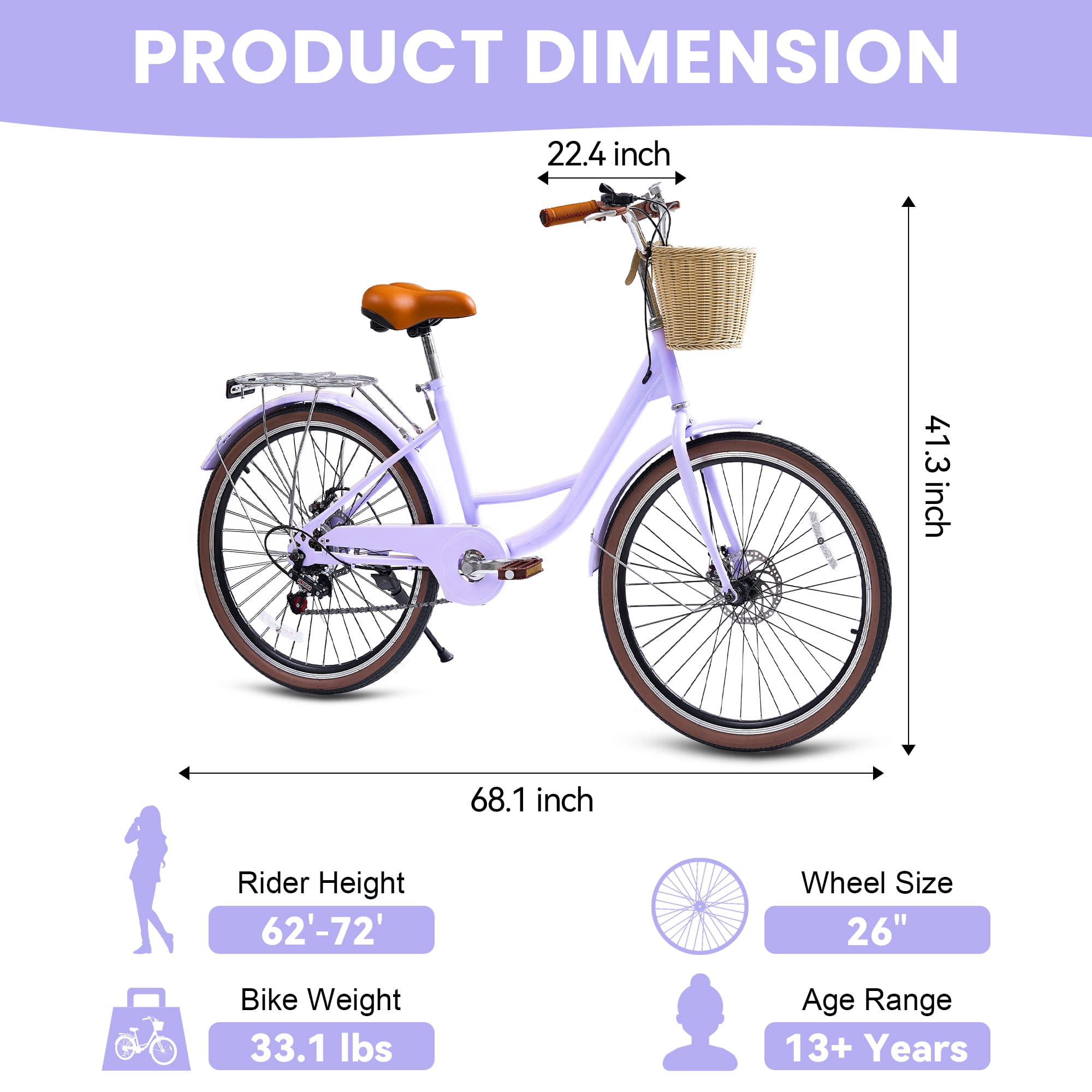 Akaber 24 Inch Beach Cruiser Bike for Women, 7-Speed Commuter Bicycle with Rattan Basket (24 in) wfxv2