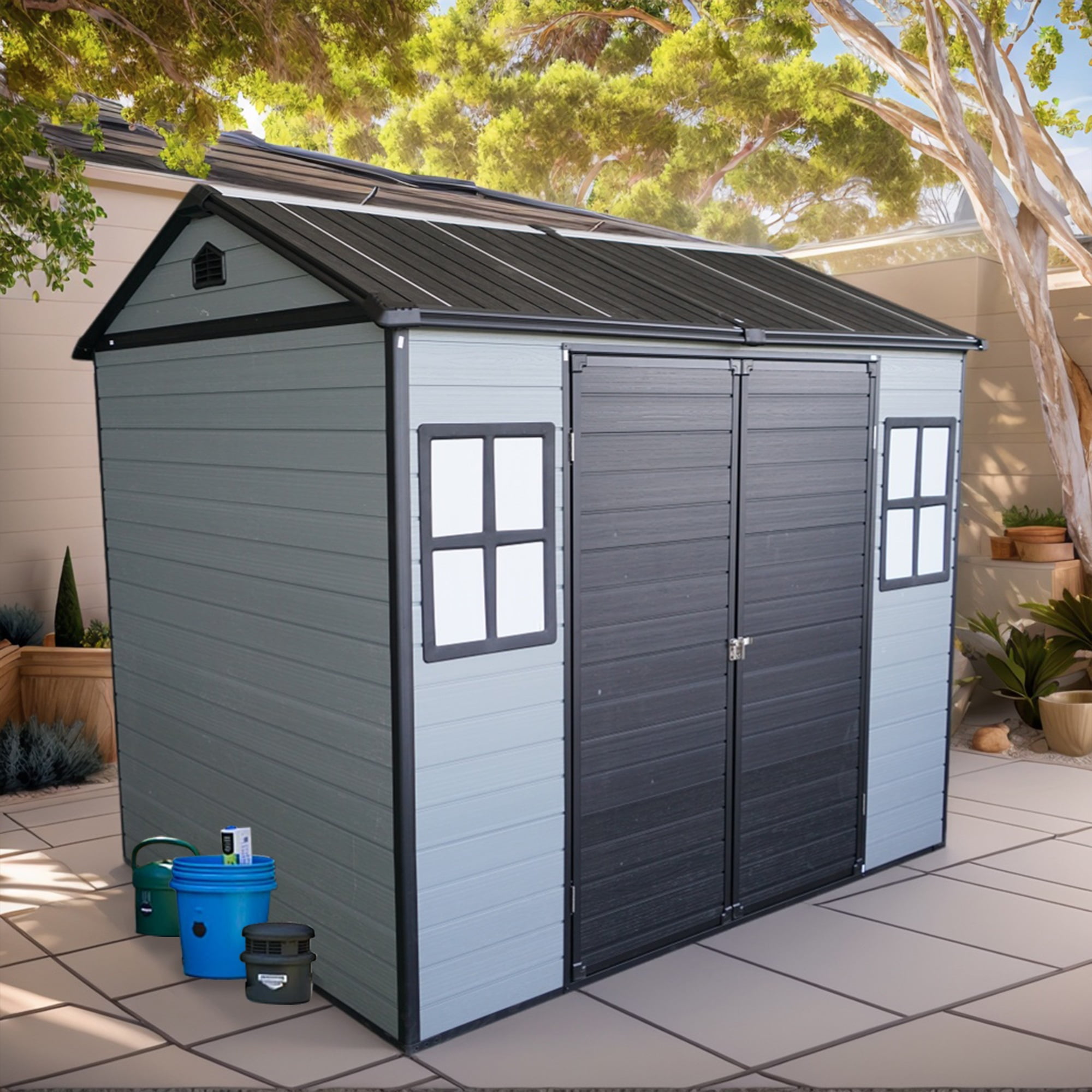 DELICOZE Outdoor Resin Garden Tool Shed with Floor, 2 Windows, and Lockable Door (8 ft x 6 ft) kfcda