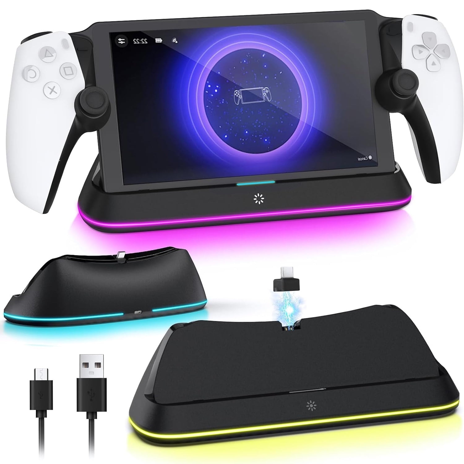 Prociv Charging Stand for PlayStation Portal, RGB Light Docking Station with Pogo Pin Adapter and 30-Degree Viewing Angle (Black, 1 Pack) zfkt8