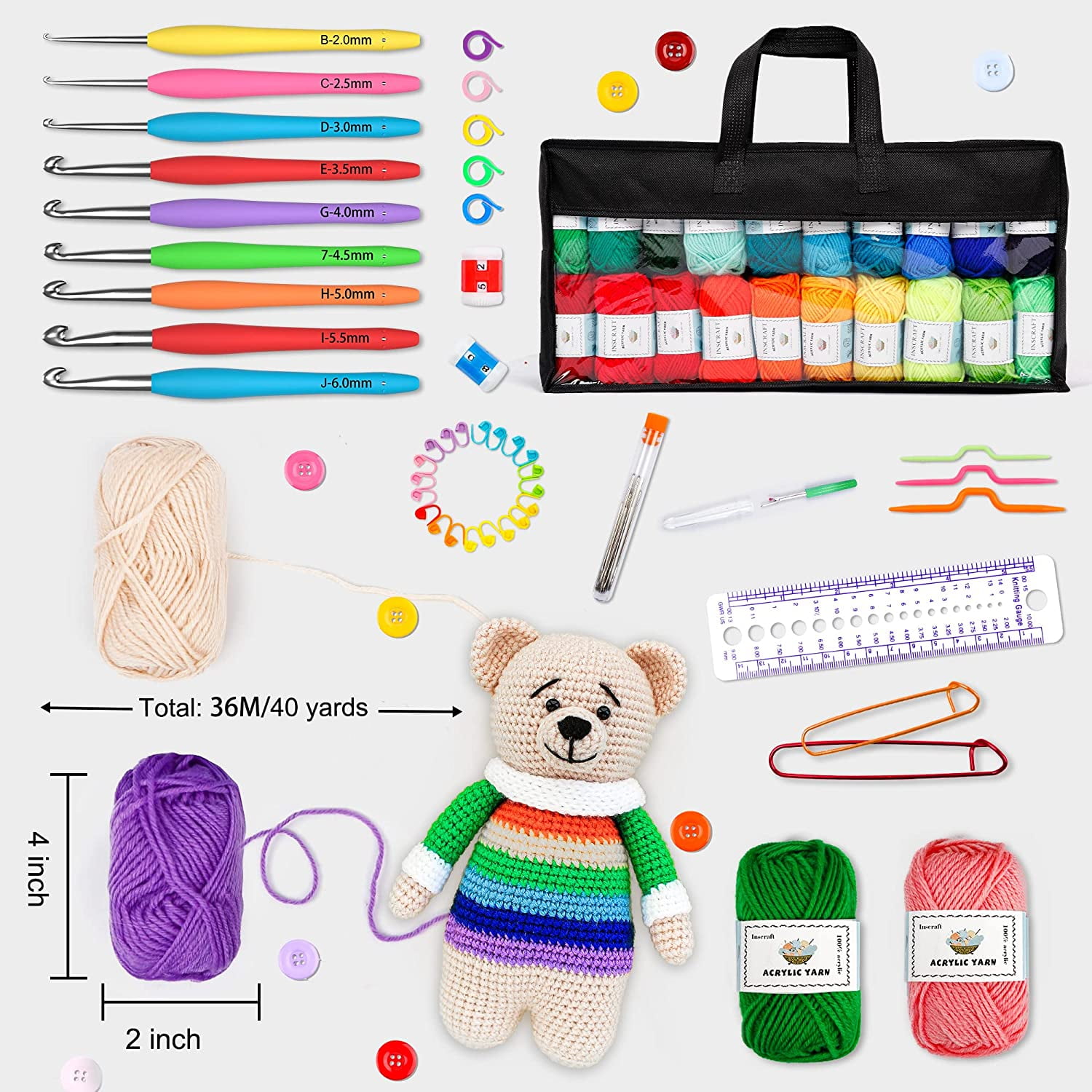 INSCRAFT Crochet Yarn Set with Ergonomic Hooks and Knitting Accessories (113 Piece, 1600 Yards) 59dom