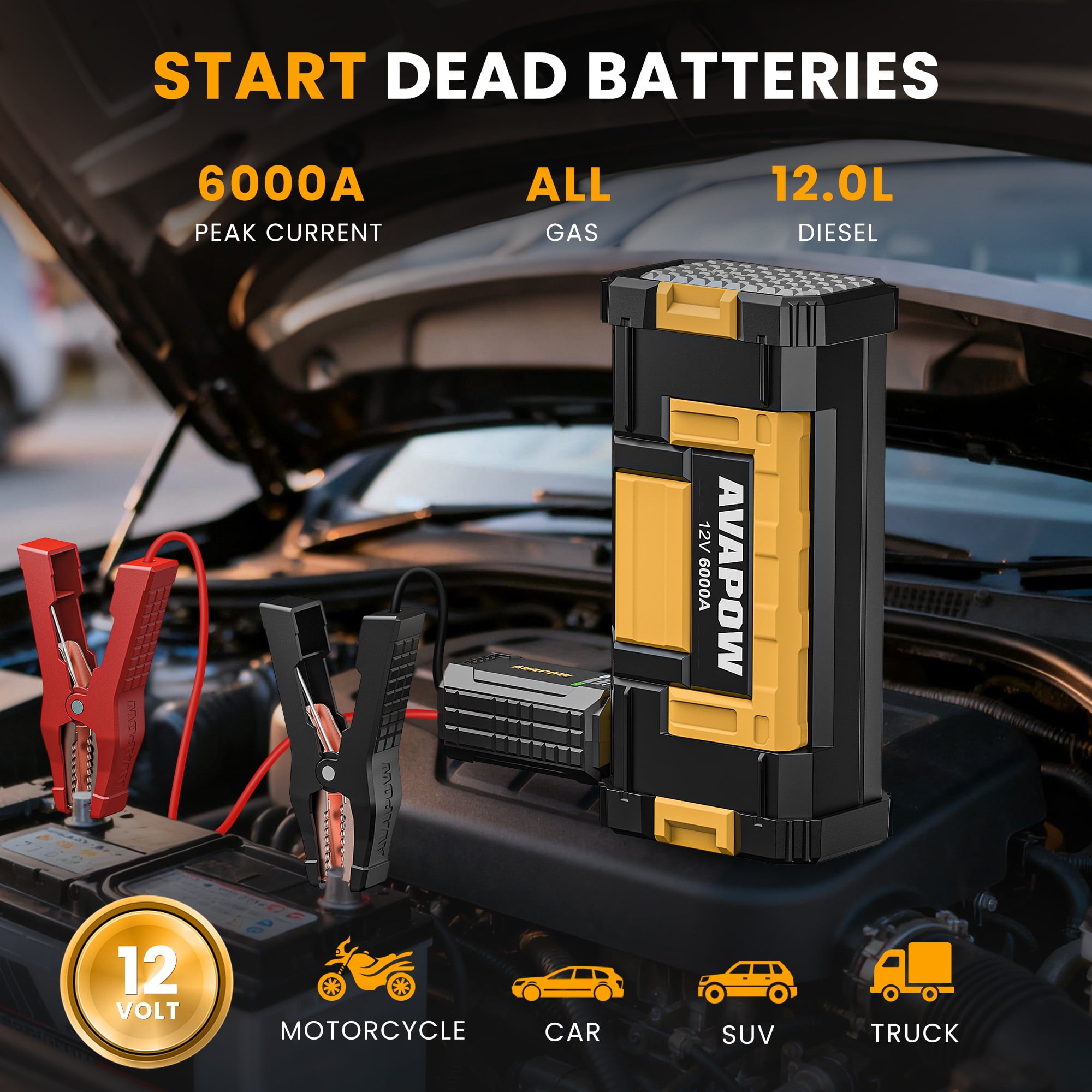 AVAPOW 6000A Portable Car Battery Jump Starter (Heavy-Duty, 32000mAh, LED Light, Yellow) jxqwv