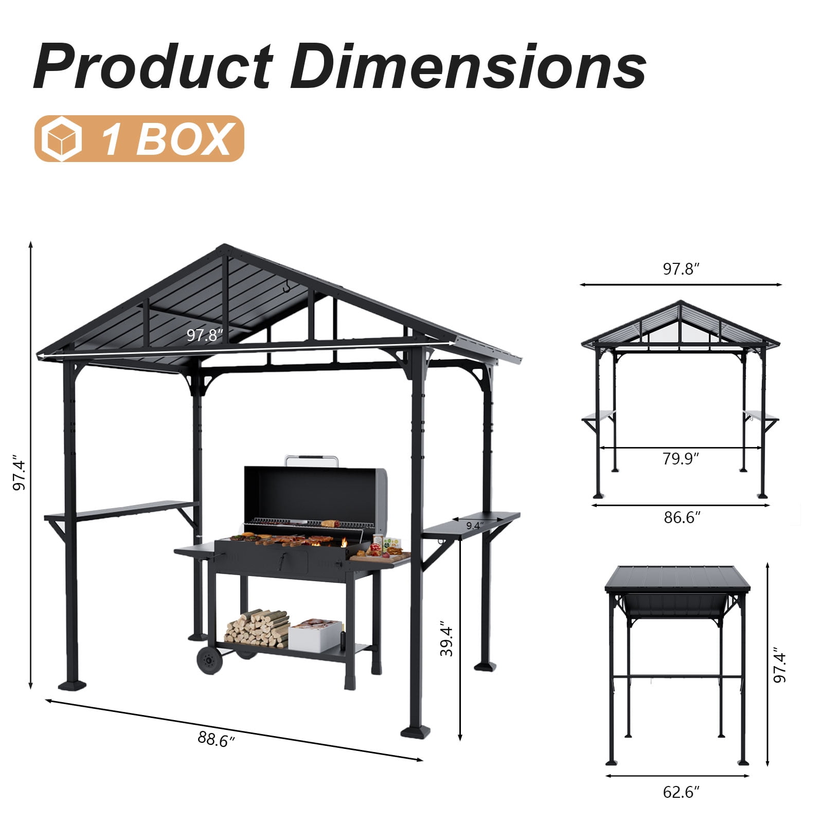 ALAULM 8 ft x 5 ft Hardtop Grill Gazebo, Outdoor BBQ Canopy with 19 in Smokeless Fire Pit, Metal Roof, Side Shelves & Tool Hooks (Black) xou82