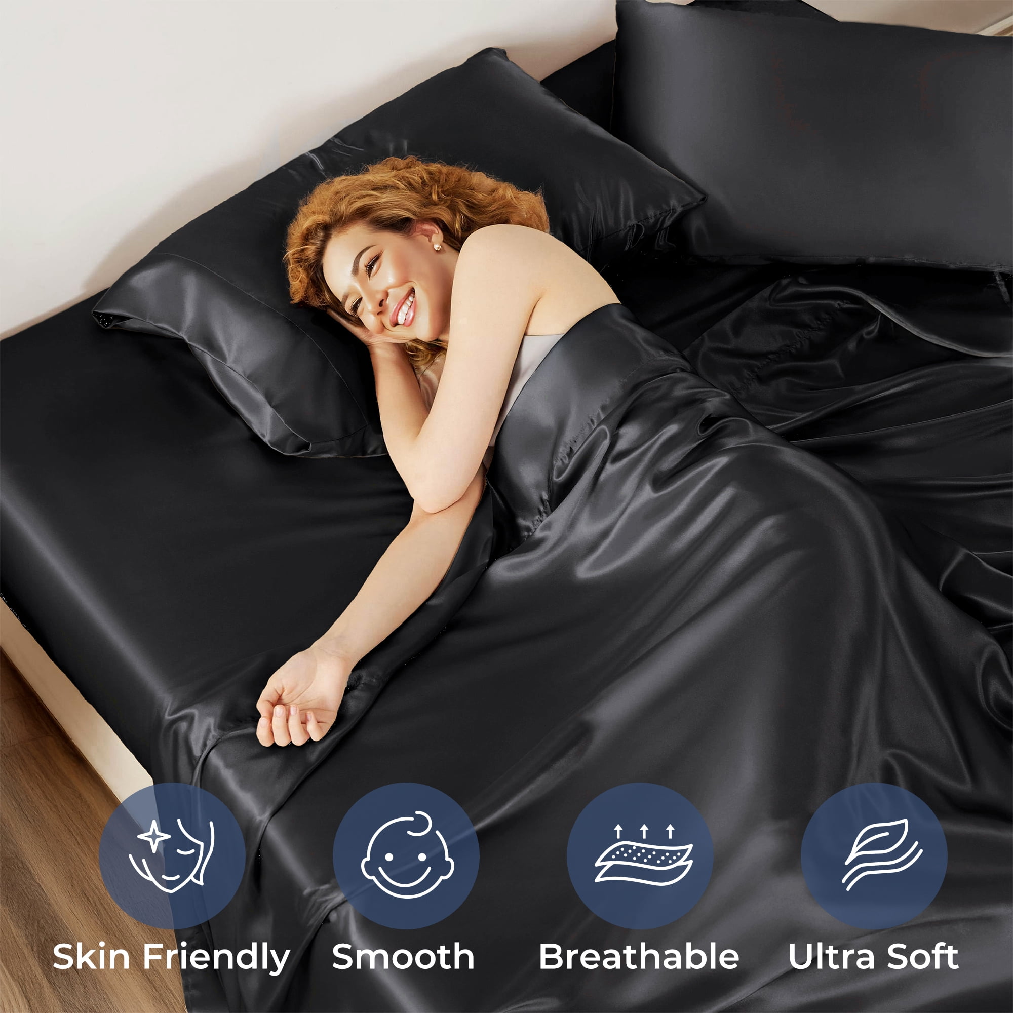 Seasonwood Satin Sheet Set, Silky Bedding Collection, Wrinkle-Resistant & Breathable (Black, Queen, 4-Piece) m18h3