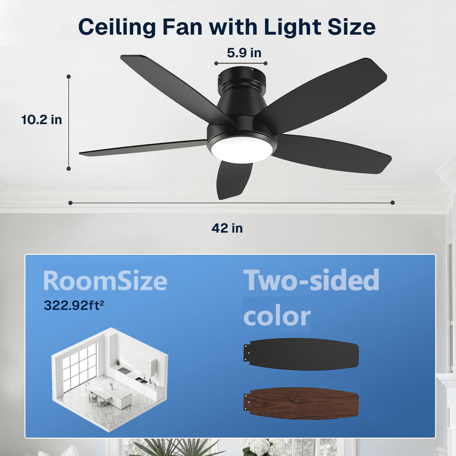 Behome 42 in Low Profile Ceiling Fan with Lights, Remote and APP Control, Reversible Blades, 6-Speed Flush Mount (Black/Walnut, 42 in) ki2d8