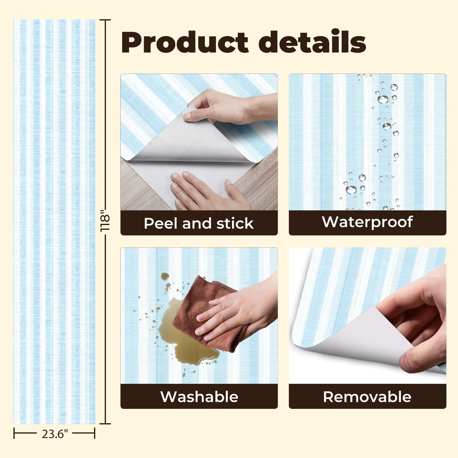 Kanworse Peel and Stick Wallpaper Vertical Stripe Self-Adhesive Vinyl Contact Paper for Home Decor (Light Blue and White, 23.6 in x 9.8 ft) blk21