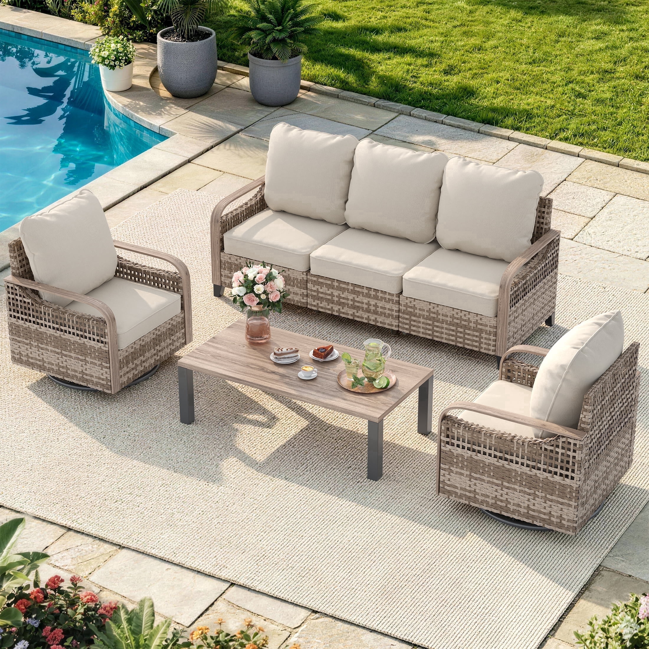 Poteban Outdoor Patio Wicker Furniture Set (Beige, 6-Piece Set) 255q0