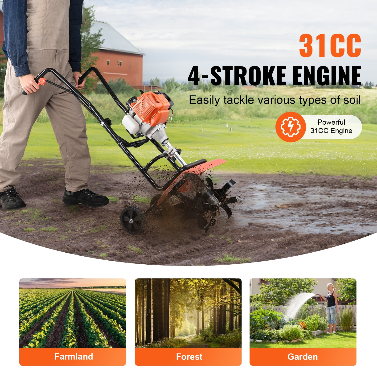 KFFKFF 31CC 4-Stroke Gas Garden Tiller, Adjustable 4-Tine Cultivator for Lawn and Soil (13.38 in Width) wqeep