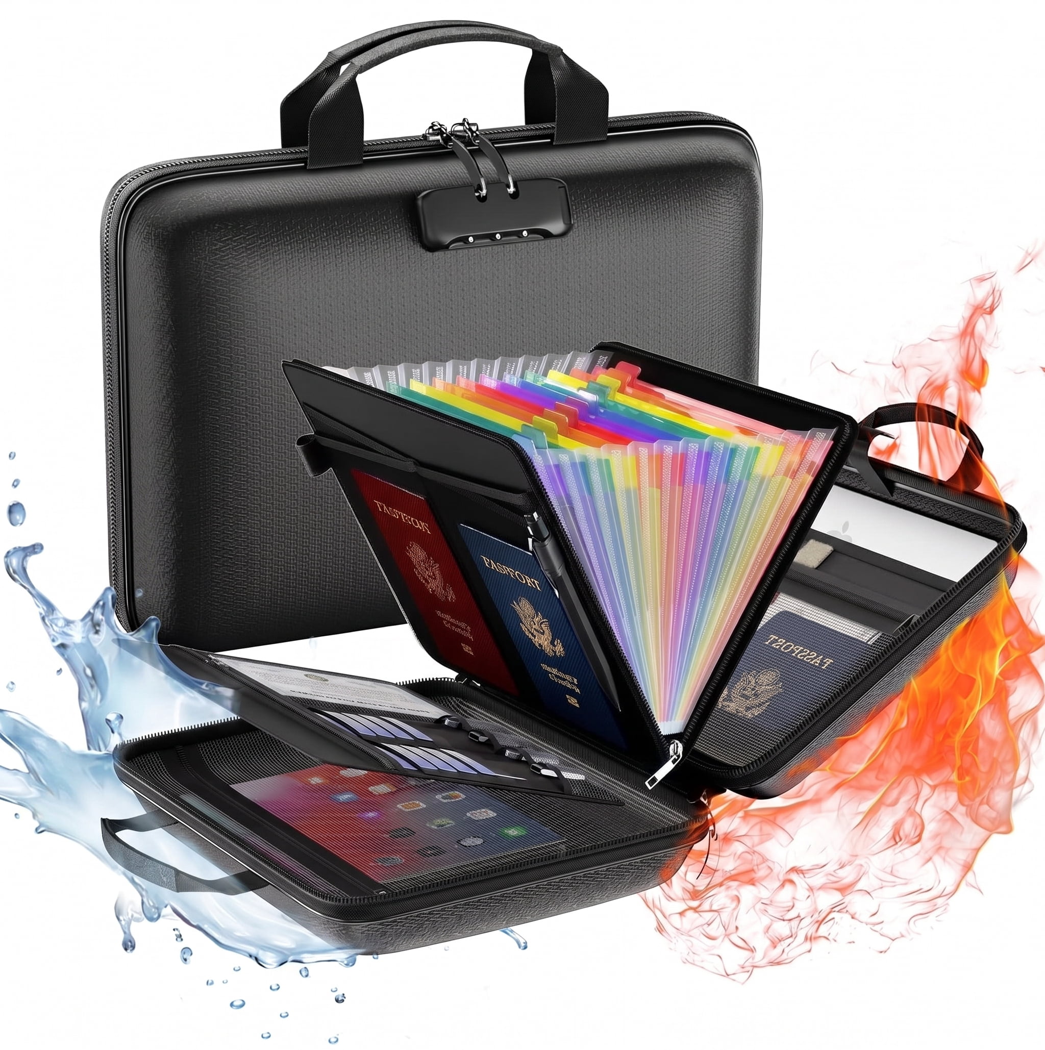 OUTGOO Fireproof File Organizer with Lock, Hard-Shell Document Storage Box with 13-Pocket Accordion Folder (Black, 15.5 in x 11.5 in x 3 in) 4eyu5