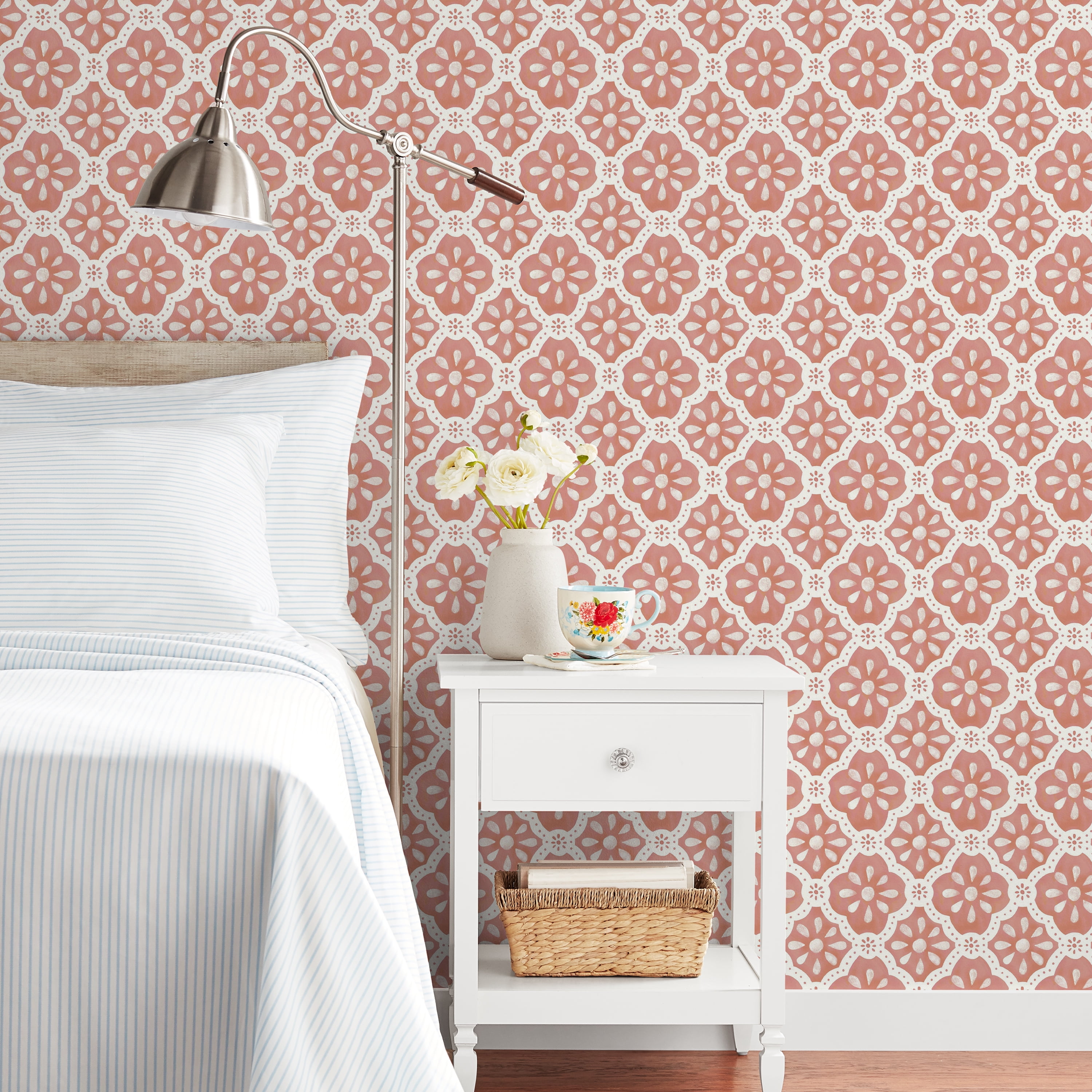 The Pioneer Woman Peel and Stick Wallpaper, Washy Trellis Pattern (Pink Salmon, 18 in x 18.86 ft) yuq33