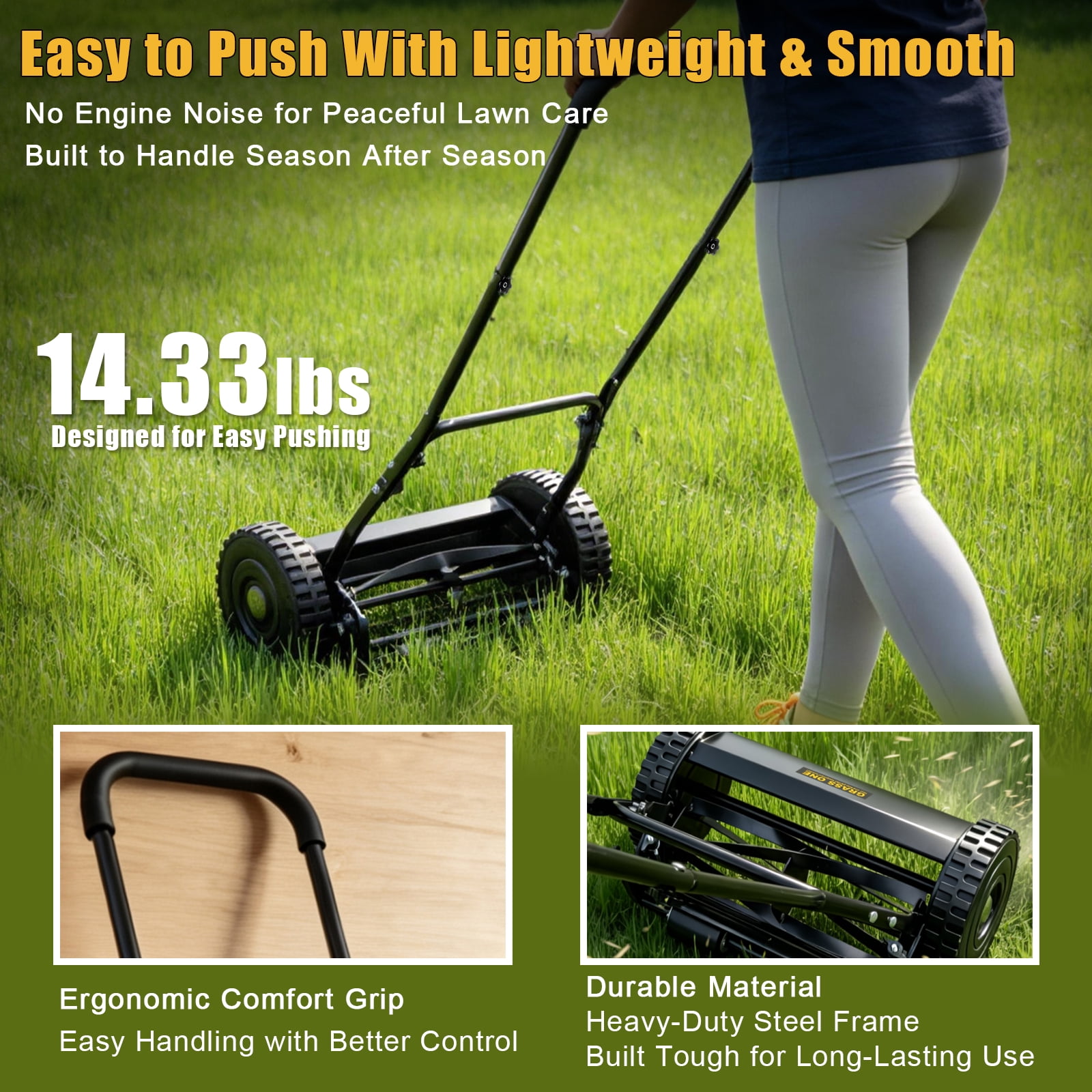 Grass One Manual Reel Push Lawn Mower with 5-Blade System (Black, 14 in) vq7ul