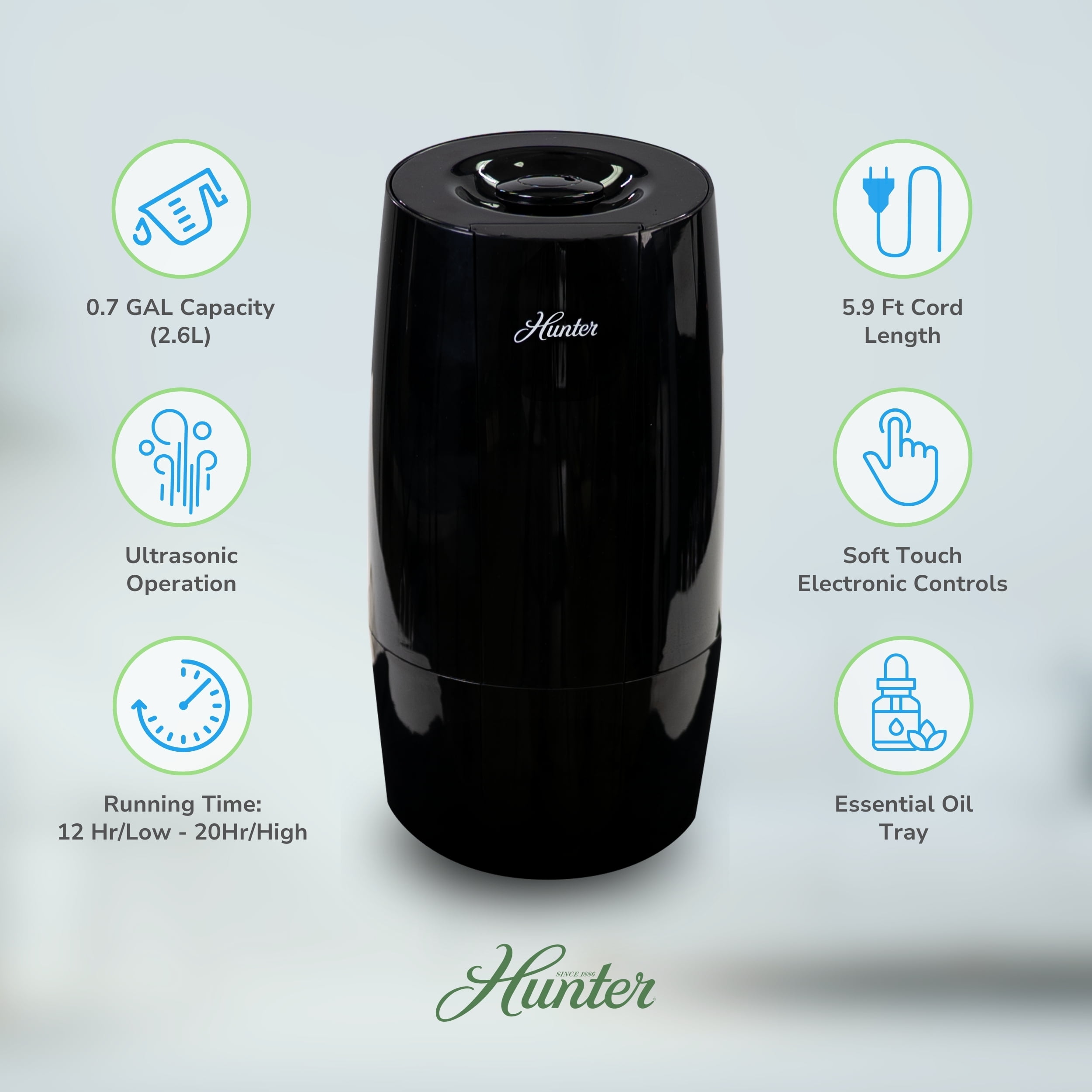 Hunter Aspire Cool Mist Ultrasonic Humidifier with Essential Oil Tray (Black, 0.7 gal) mbgm7