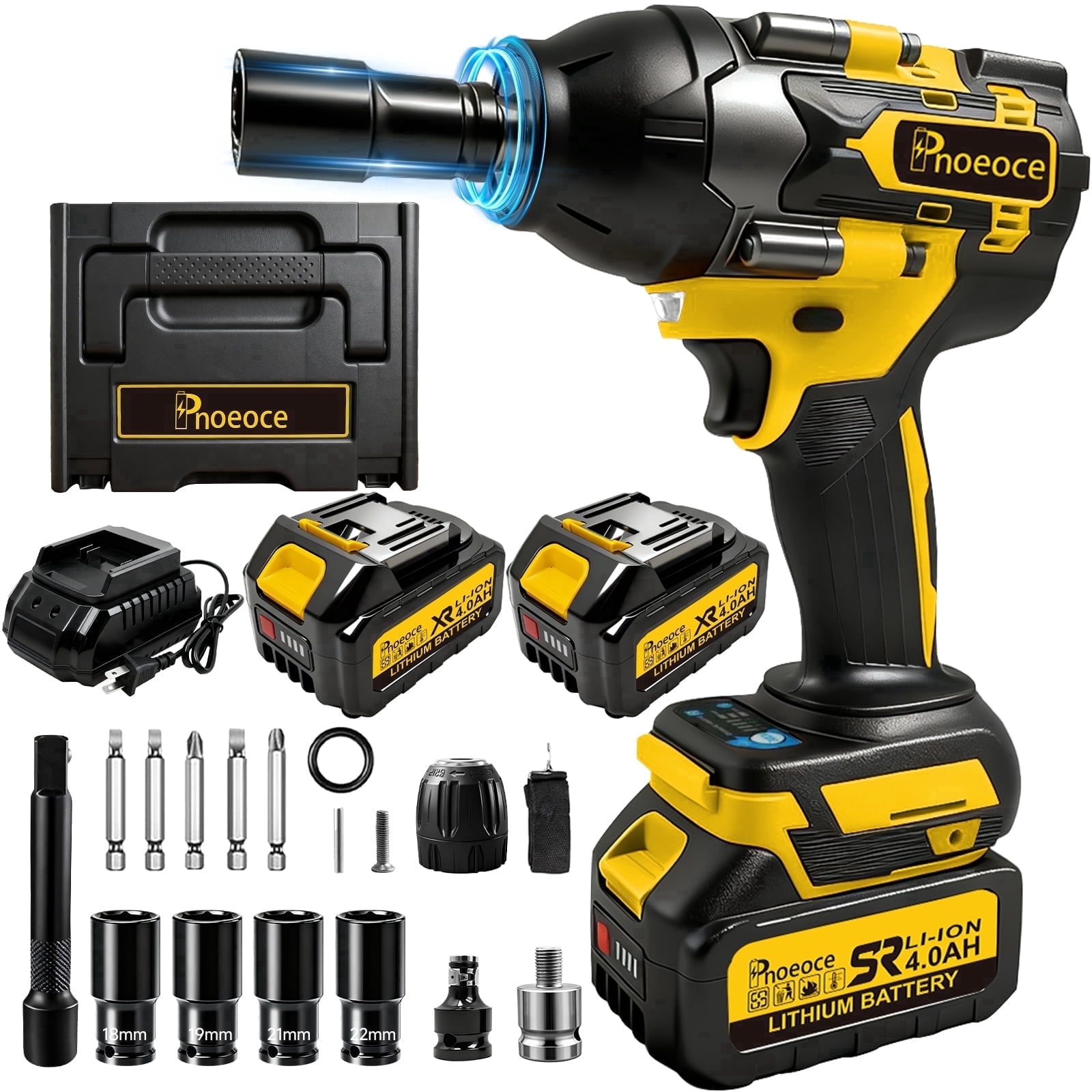 Pnoeoce Brushless Cordless Impact Wrench 20V High Torque 1/2 Inch Drive Power Tool Kit (Yellow, 2 Batteries and 4 Sockets) hq2x8