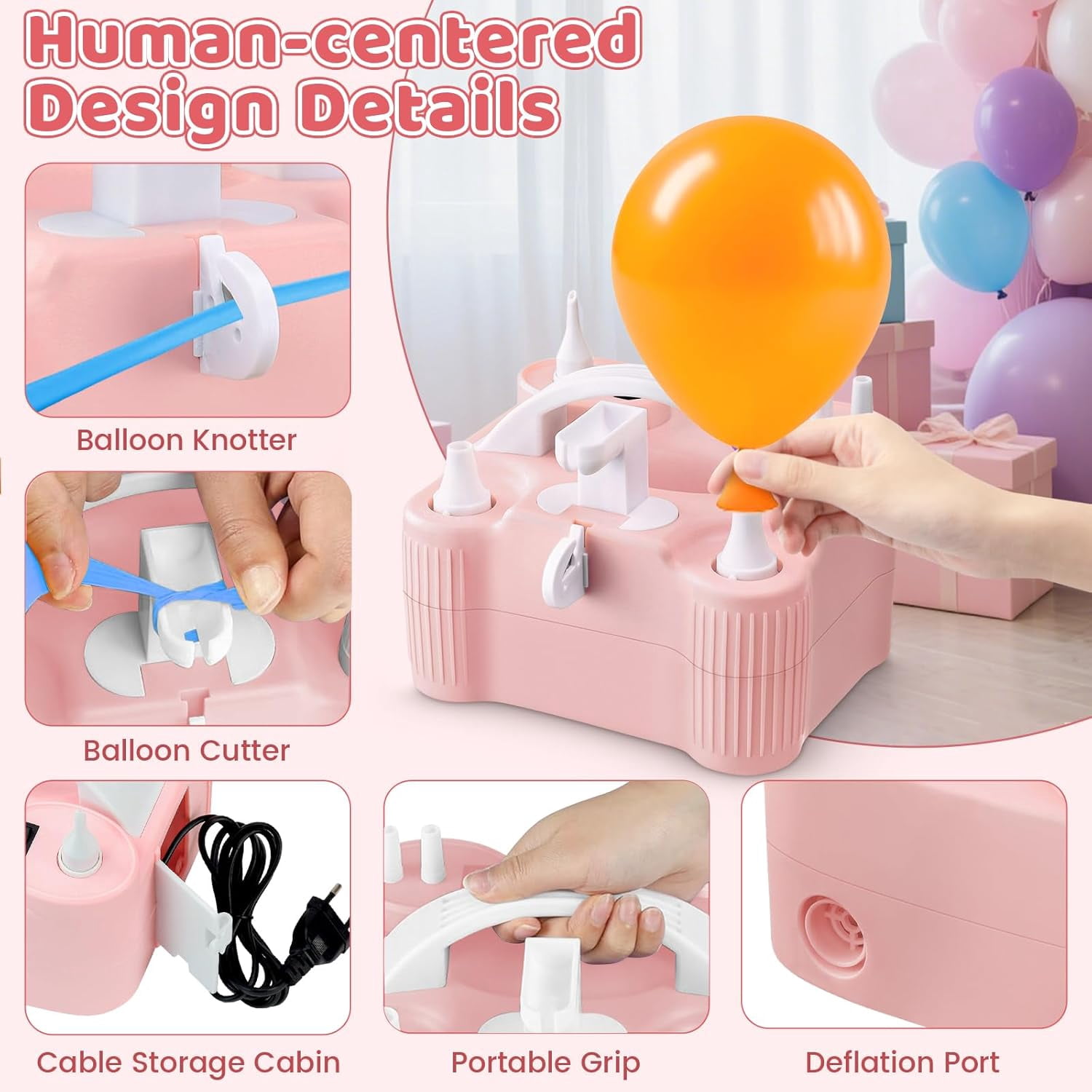 PPXIA 4-in-1 Electric Balloon Pump, Portable Dual Nozzle High Power Air Blower for Latex Foil Balloons and Pool Floats (Pink) d2tbx