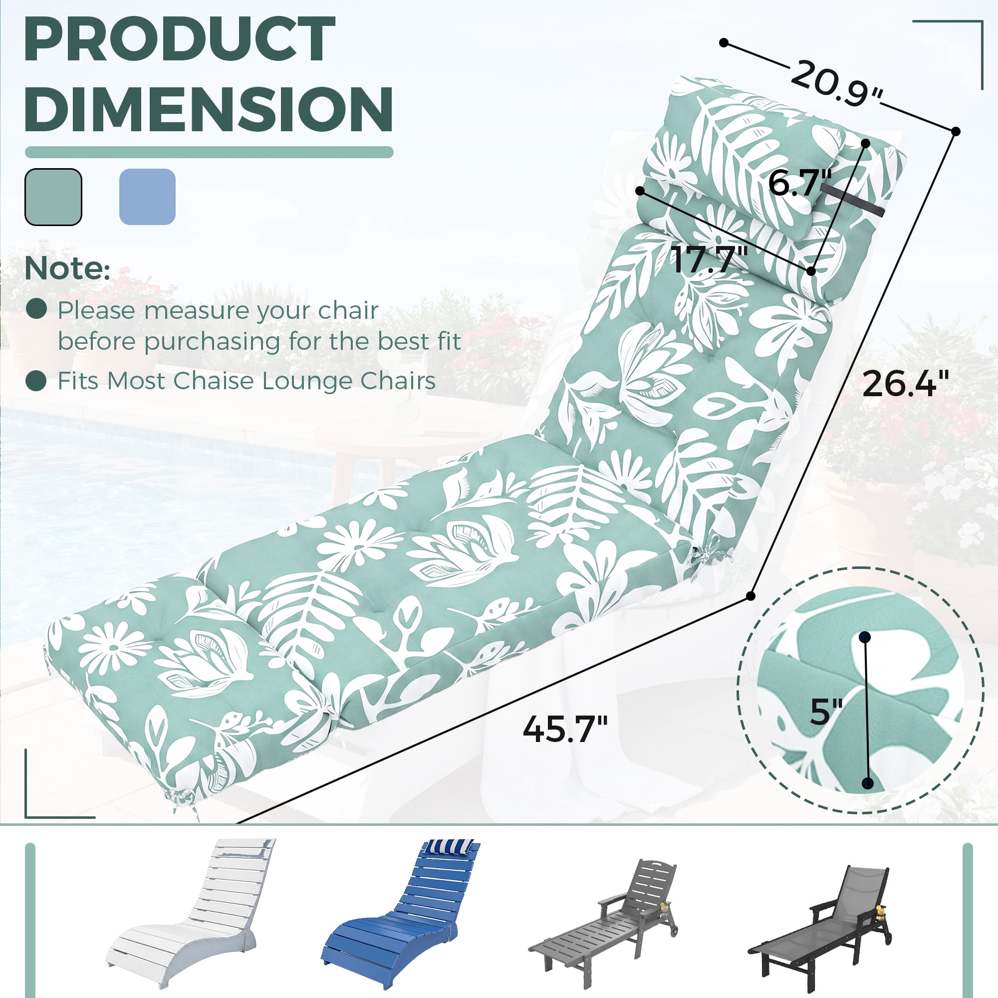 FOOWIN Waterproof Outdoor Chaise Lounge Cushions with Headrest, Fade-Resistant Patio Chair Pads (Green, 72 in x 21 in x 5 in, Set of 2) yd6lo