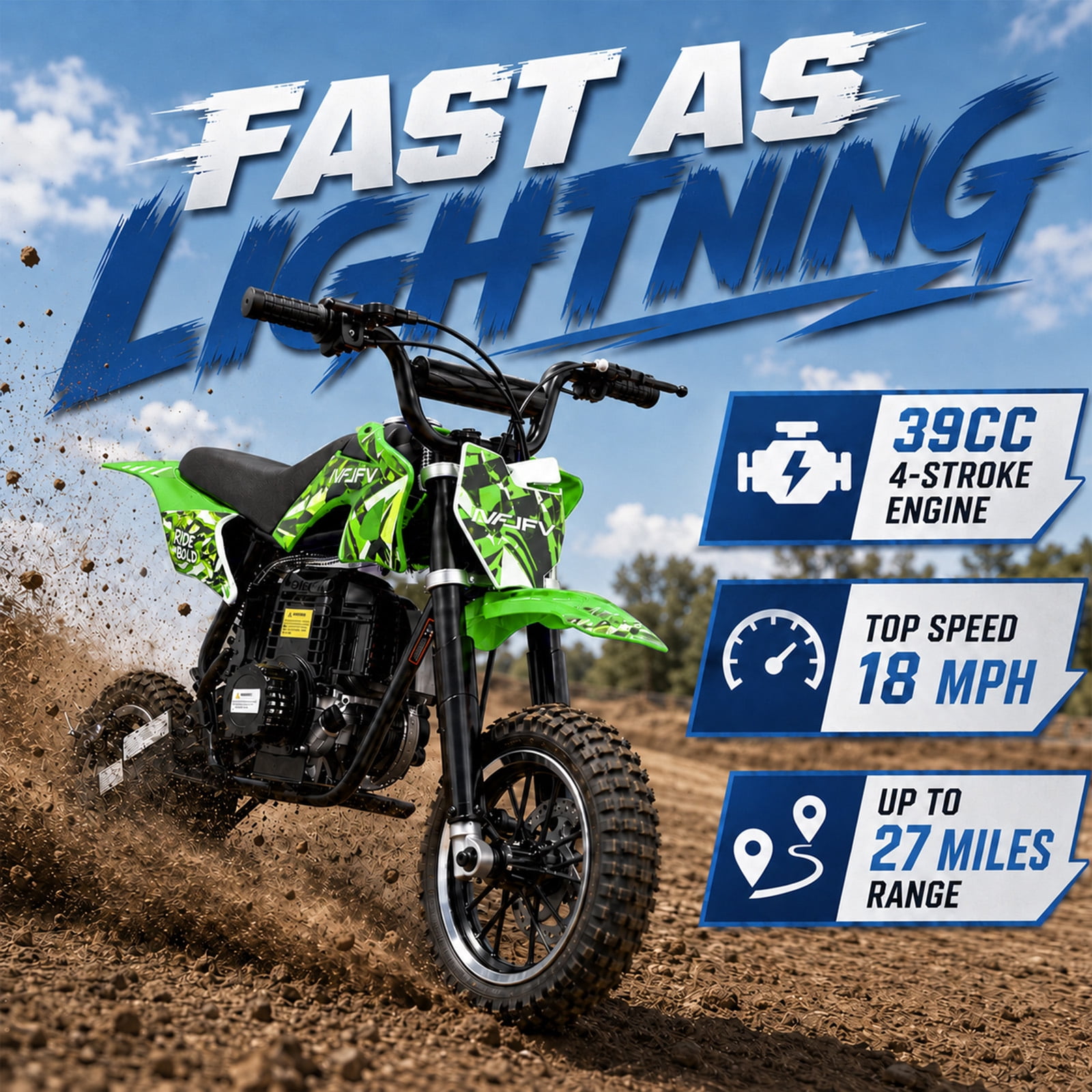 IVFJFV 39cc 4-Stroke Gas Dirt Bike for Beginners, Mini Off-Road Motorcycle with Disc Brakes and Rear Suspension (Green, 48 lb) 5981e