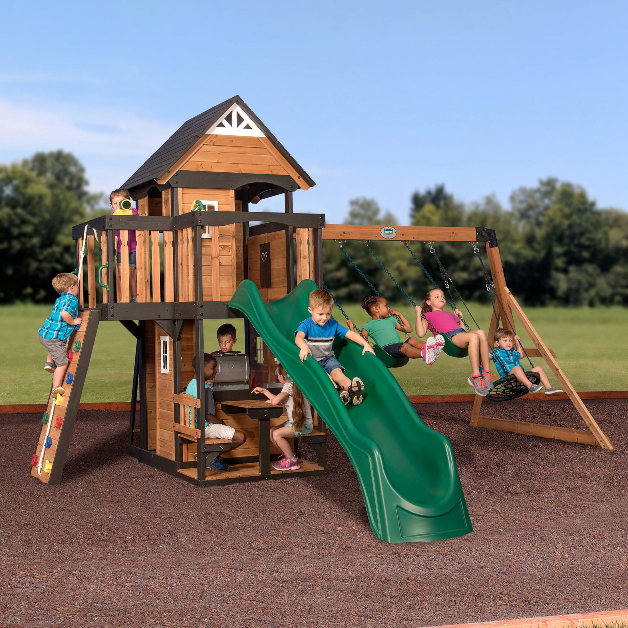 Backyard Discovery Canyon Creek Cedar Wood Swing Set with Slide, Clubhouse, and Rock Wall (Brown, 11-Child Capacity) 0hwjp
