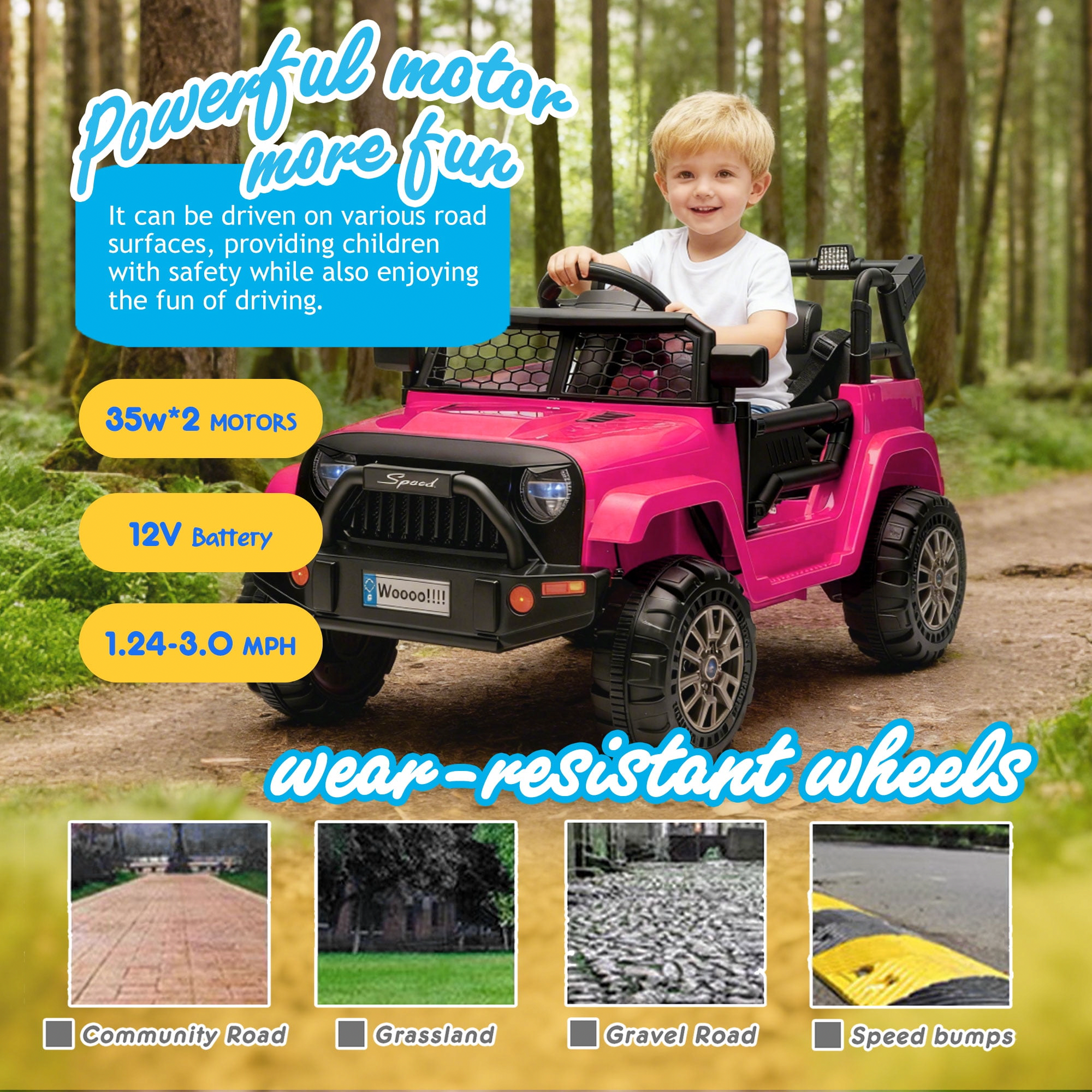 Xuanlur 12V Electric Ride-On Truck for Kids with Remote Control, LED Lights, and Bluetooth (Pink, 34.65 in x 22.44 in x 20.47 in) wqfxx