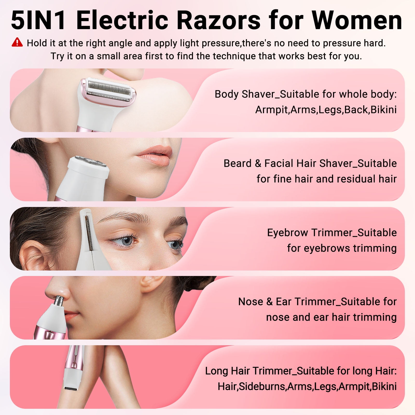 TURKIO 5-in-1 Electric Shaver for Women, Cordless Rechargeable Hair Removal Trimmer for Face and Body (Pink, 1 Count) ndu8g