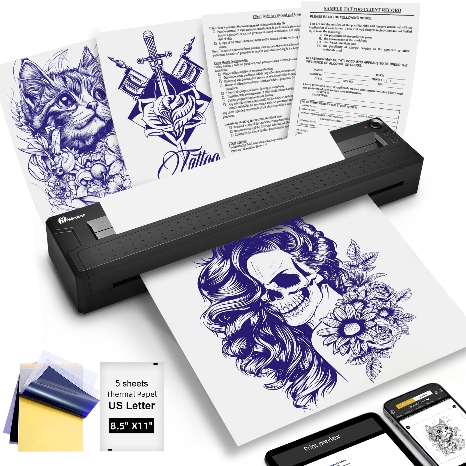 Milestone 2-in-1 Wireless Thermal Tattoo Stencil and Document Printer (Black, 1 lb) jfgms