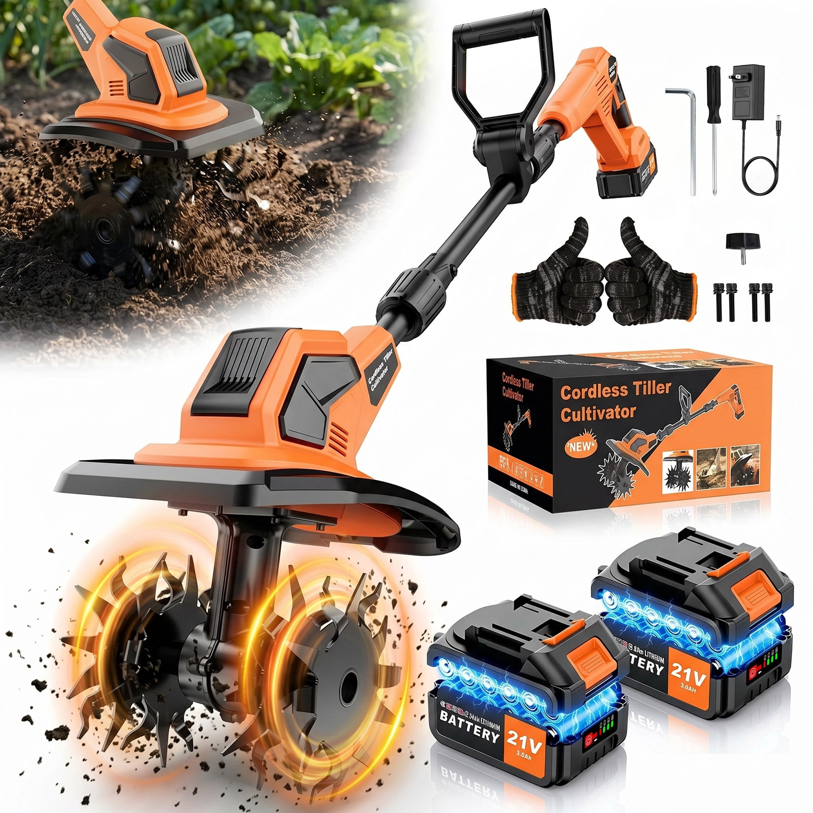 Tanbaby Cordless Electric Tiller Cultivator, Garden Rototiller with Dual 4.0Ah Batteries, 21V Brushless Motor (9 in Width, 6.7 in Depth) rvri7