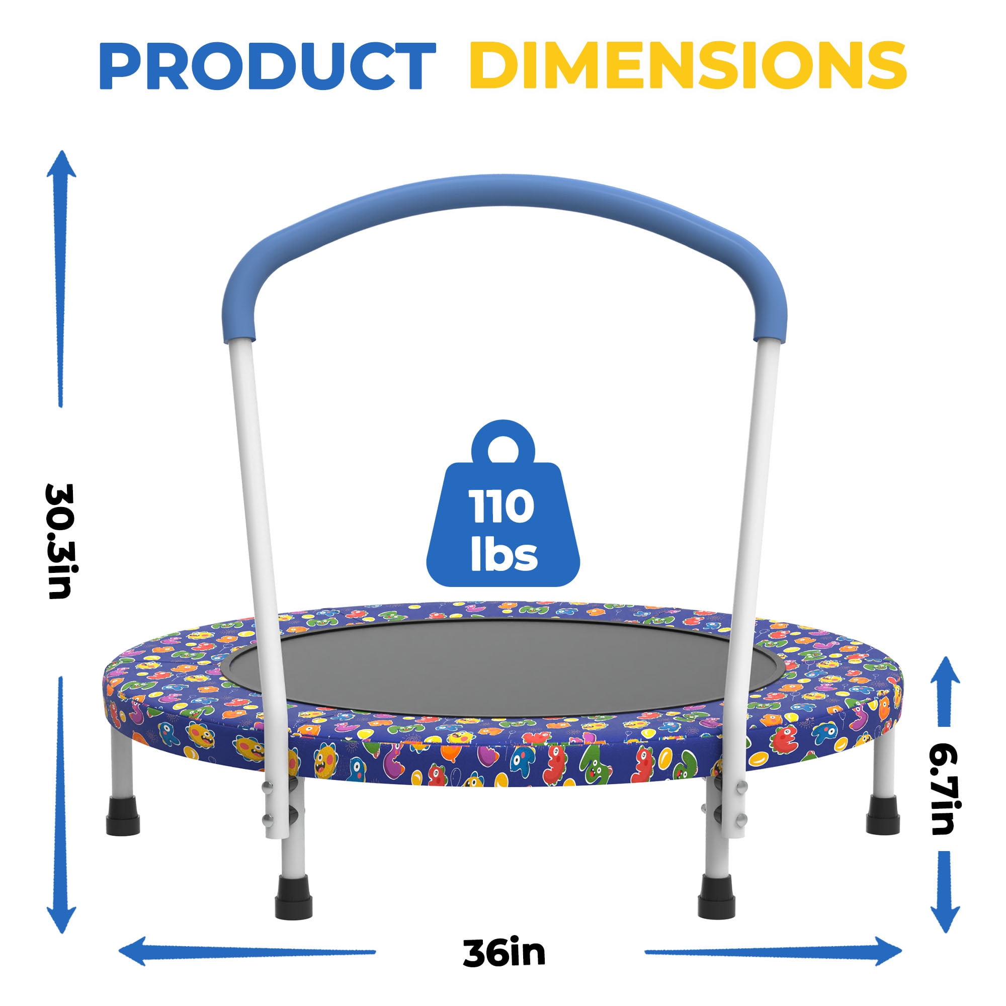 Mersco 36 in Kids Indoor Trampoline with Padded Handlebar (Blue, 36 in) 3teca