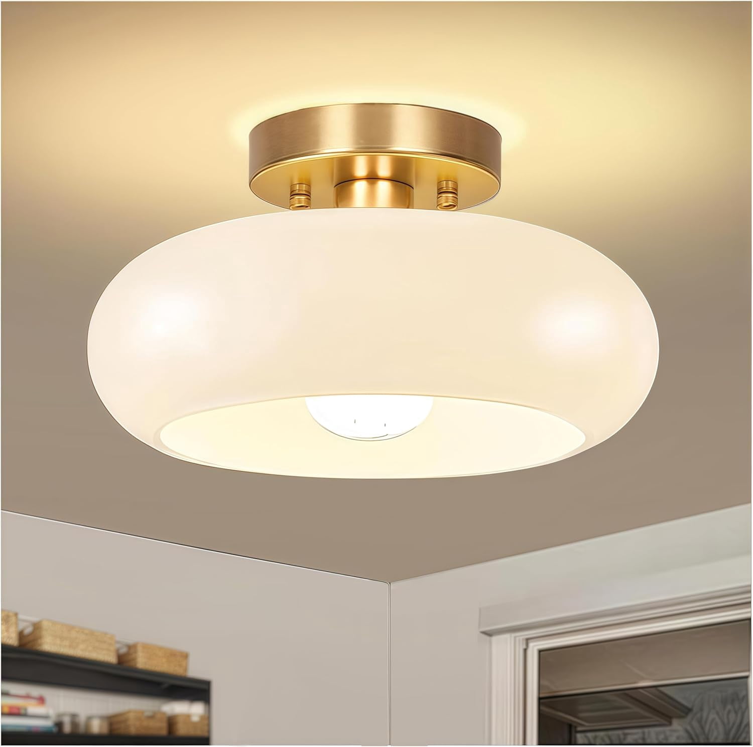 Jolydoly Mid-Century Modern Semi Flush Mount Ceiling Light, Gold Fixture with White Milk Glass Shade (11 in) mpivc