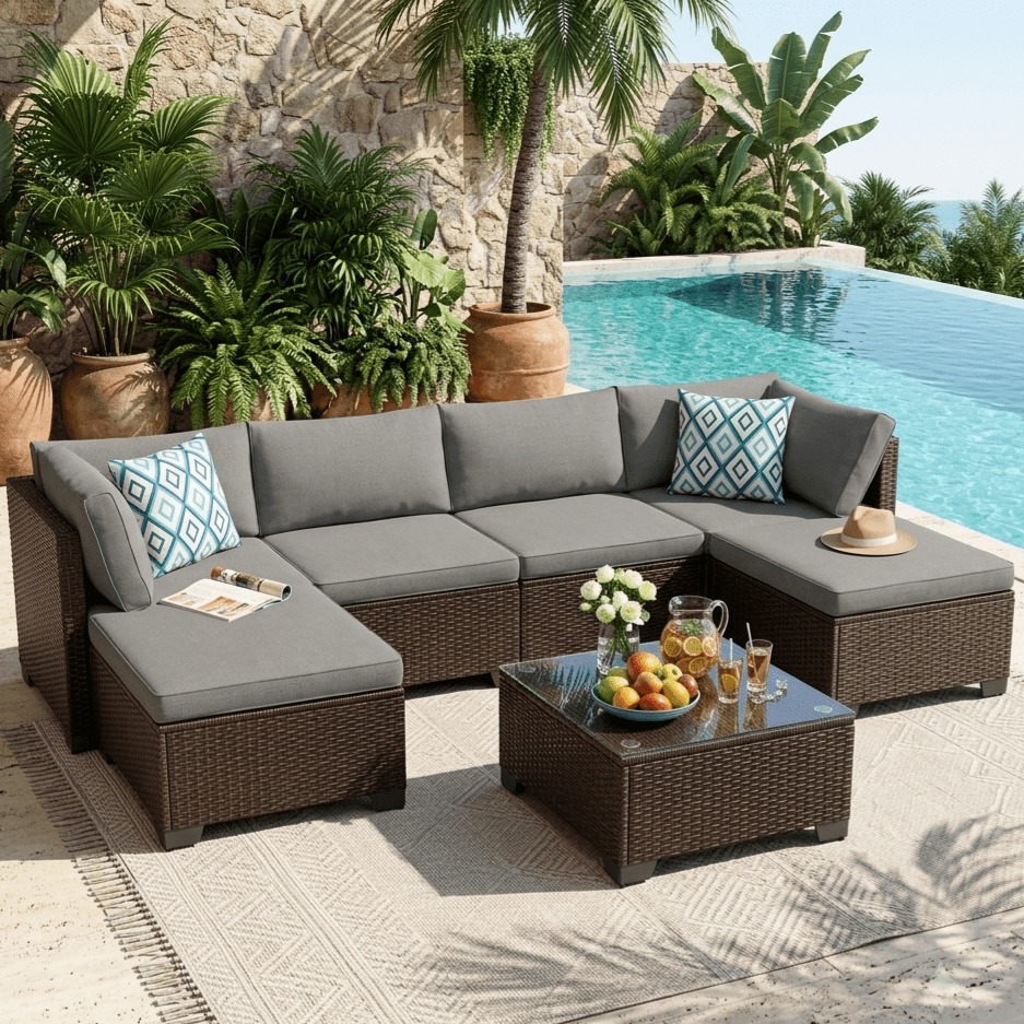Aiho 7-Piece Patio Furniture Set, PE Rattan Outdoor Sectional Sofa with Cushions and Glass Coffee Table (Gray, 7-Piece) xw0wf