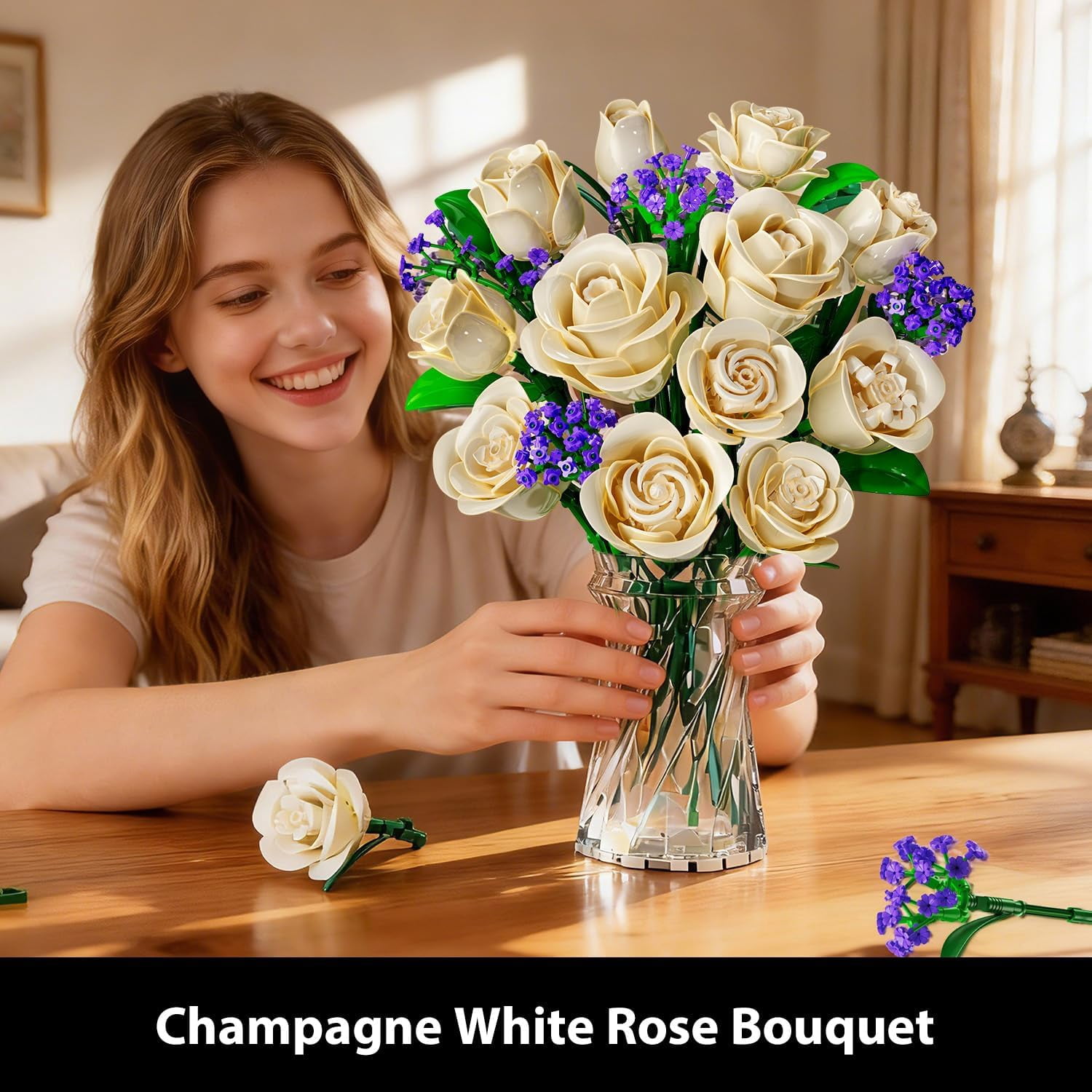 TERRAMUS White Rose Bouquet Building Set with LED Light, Floral Construction Blocks for Home Decor (White, 523 Pieces) o6jjt