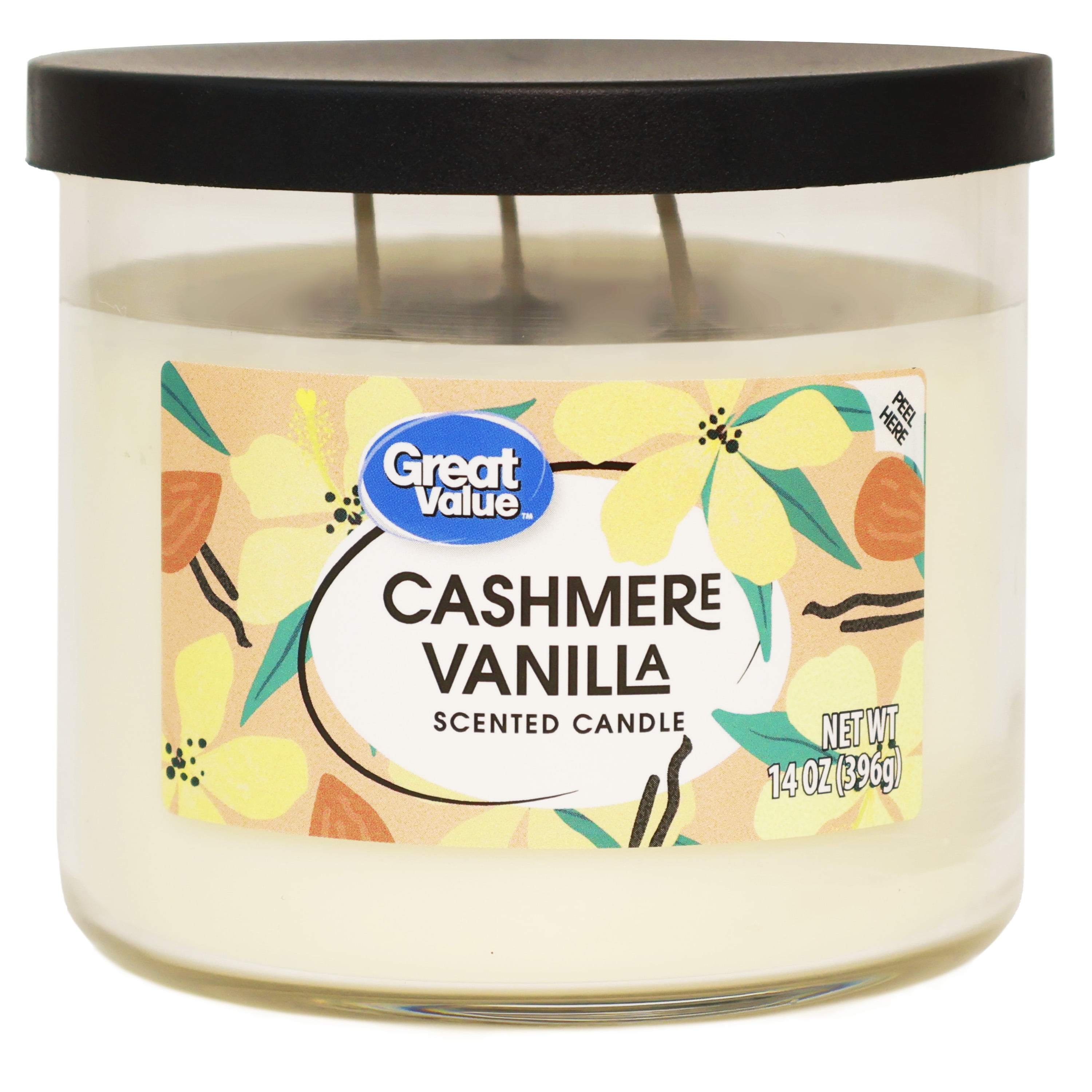 Great Value Cashmere Vanilla Scented Candle, 3-Wick Soy-Blend Wax, Long-Lasting Fragrance (White, 4 Pack, 14.5 oz) 03aue