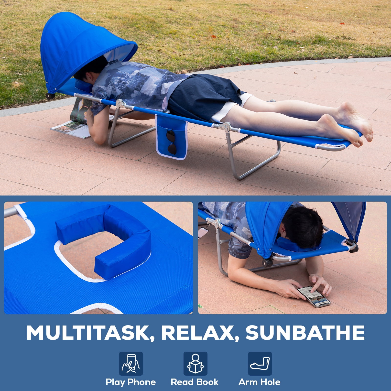 SUNSPIRE Folding Beach Lounge Chair with Canopy, Portable Reclining Sun Lounger with Face Hole and Side Pocket (Blue) e7mk6
