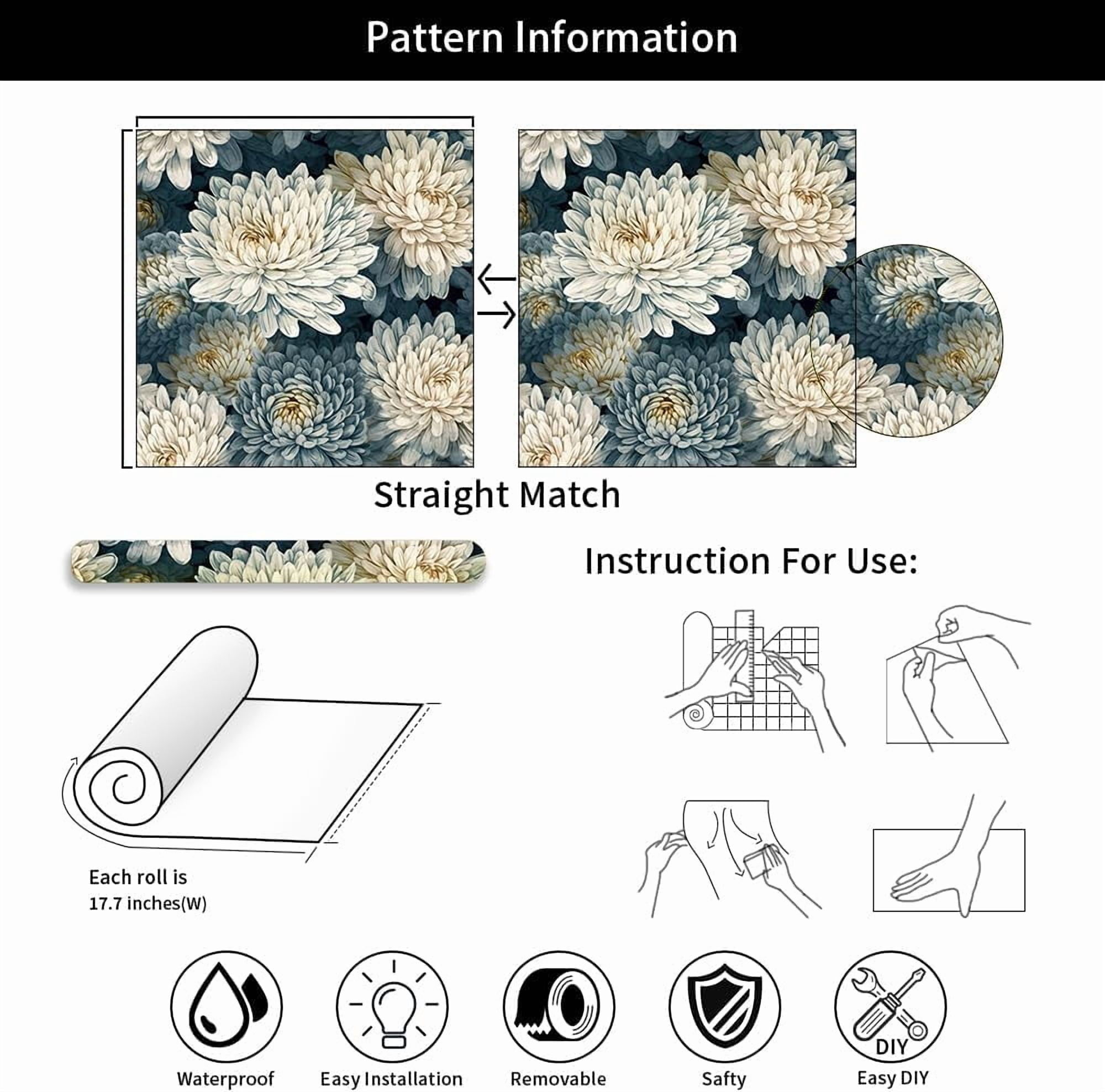 Usachibb Floral Peel and Stick Wallpaper Vintage Navy Botanical Contact Paper for Furniture and Walls (White, 17.7 in x 118.1 in) 80m28