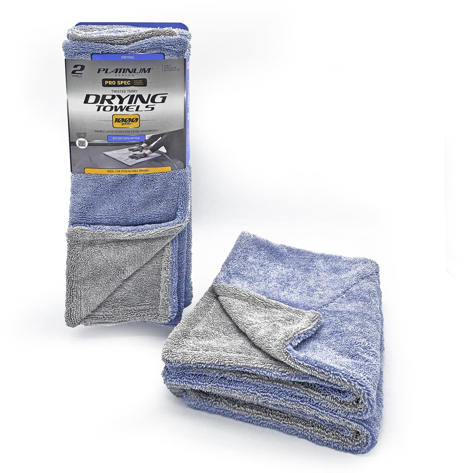 Platinum Series Pro Spec Car Drying Towel, Edgeless Twisted Loop Microfiber, High Absorbency (Grey, 18 in x 24 in, 2 Pack) g7jxq